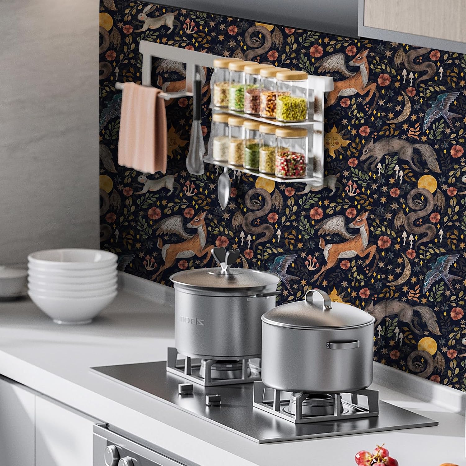 Vintage Whimsical Animal Floral Wallpaper Self Adhesive Peel and Stick Cartoon Watercolor Snake Bird Wolf Star Leaf Contact Paper Removable Waterproof for Bedroom Renter friendly 17.71"x236.2"