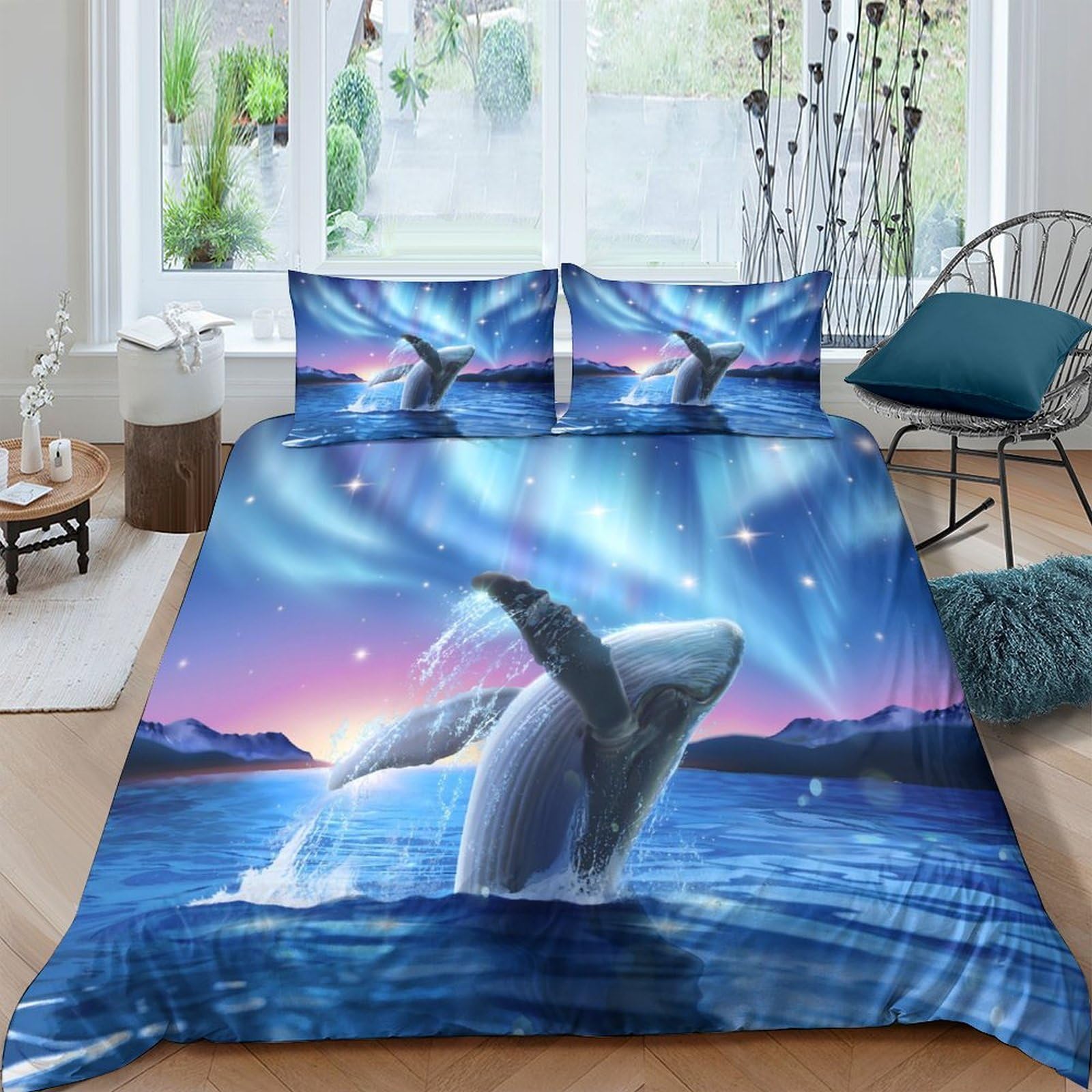 Ctjqhvkz Style-2 3D Printed Aurora Whale Fitted Sheet Microfiber Soft Durable Ocean Sunset Mattress Cover For Bedroom Guest Room Decor Single（135X200cm）