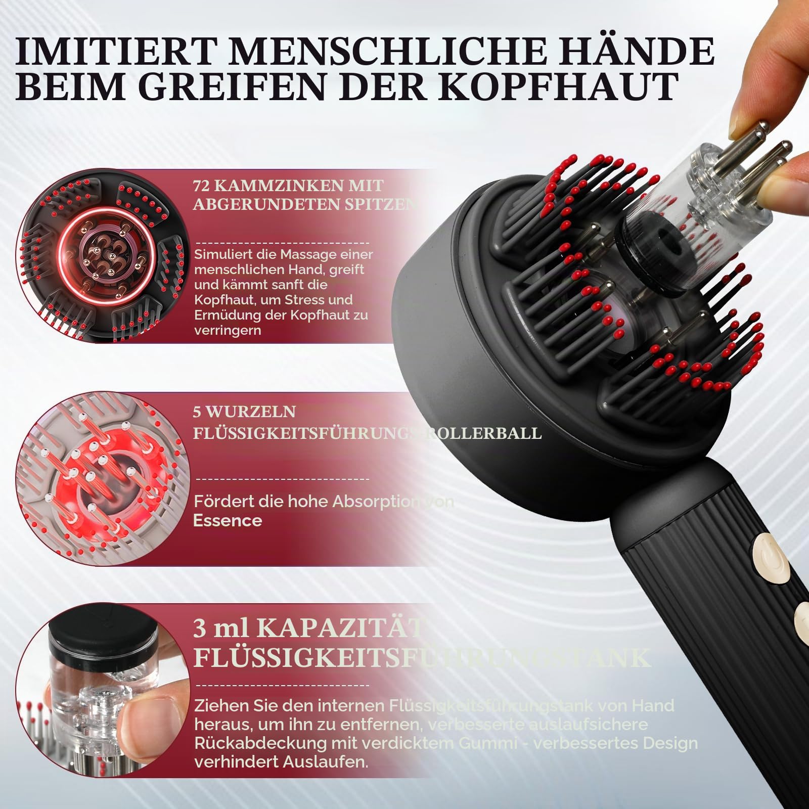 Kopfhaut Massagebürste Elektrisch Kopfmassagegerät mit Haaröl-Applikator, Rot-blau-licht Kopfmassage Bürste IPX7 wasserdicht 3 Modi zur Massage, Kopfmassage für Entspannung