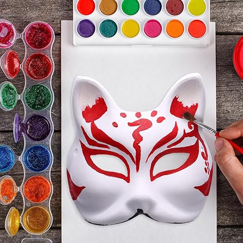 Miniatura 5 de Libima 50 máscaras de papel maché para bricolaje, máscara en blanco de gato y zorro con banda elástica, animal blanco pintable para fiestas de