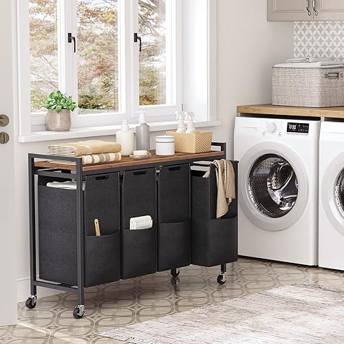 Miniatura 2 de HOOBRO Clasificador de ropa sucia de 4 secciones, cesta de lavandería con ruedas, 4 × 10.5 galones (40 L), cesta de lavandería rodante, bolsas de