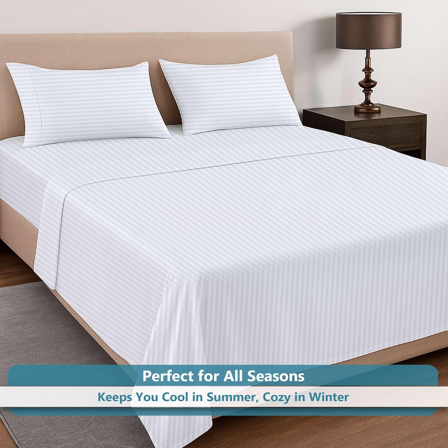 Way Fair 4 Piece Sheet Set Twin (39"x75") Size White Stripe - 100% Egyptian Cotton, 600-Thread-Count Cooling Bed Sheets, 15 Inch Deep Pocket of Fitted Sheet, Twin Cotton Bed Sheets Set