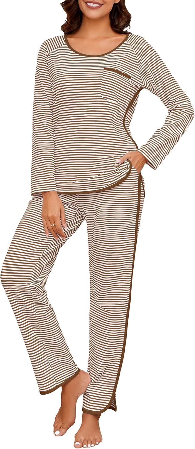 Womens Cotton Pajama Sets Stripe 2 Piece Lounge Set Long Sleeve Comfy Pj Sets Fall Loungewear Sleepwear with Pockets
