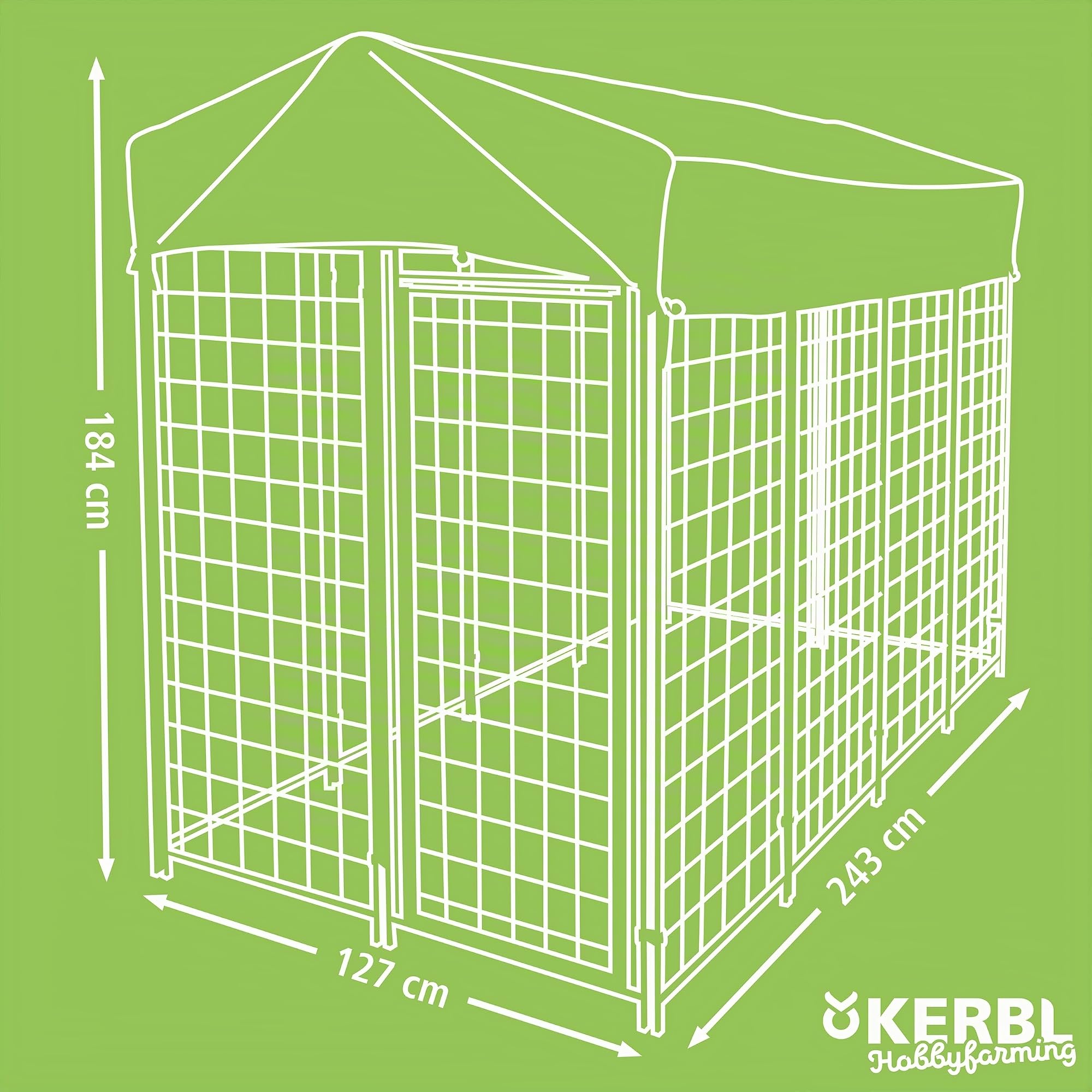 Kerbl Hobbyfarming Freilaufgehege Space, Freigehege, Hühnerzaun, schwarz, Metall pulverbeschichtet, 243x127x184cm, Gitterabstand 10cm, Sonnenschutz