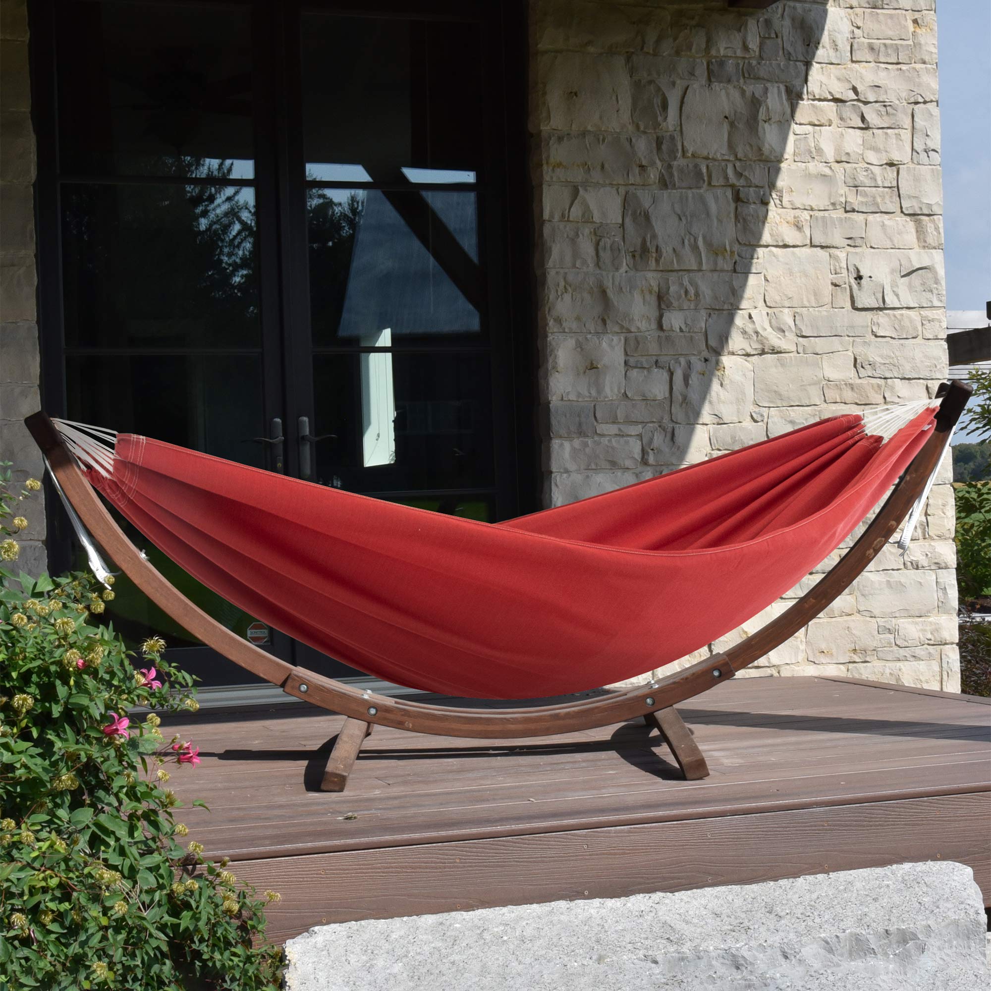 Vivere C8SPSN-CR Amaca Doppia Sunbrella con Supporto in massello di Pino Crimson, Solid Pine