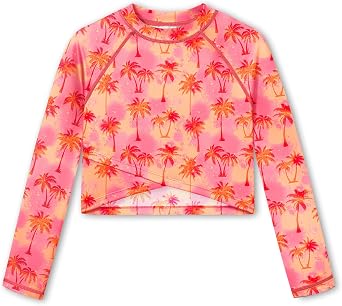 BesserBay UV Swim Shirt for Girls Mock Neck Fishing Shirt Long Sleeve Swim Top Pink Tie Dye | Palm Tree 7-8 Years