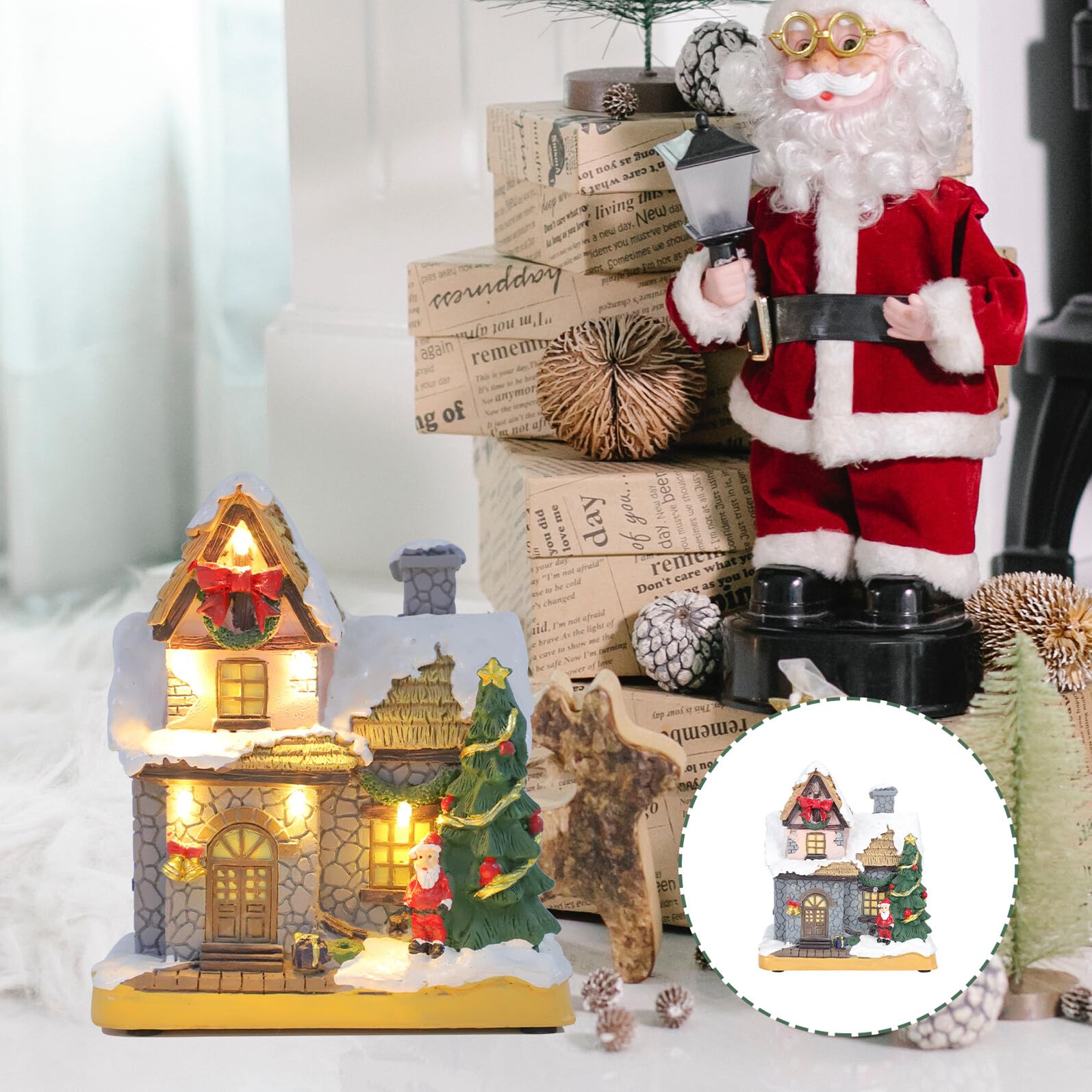 SOIMISS Casa Decorativa Navideña de Resina Luces Led, Adorno Navideño Delicado para Ventana y Oficina Que CREA Ambiente Festivo