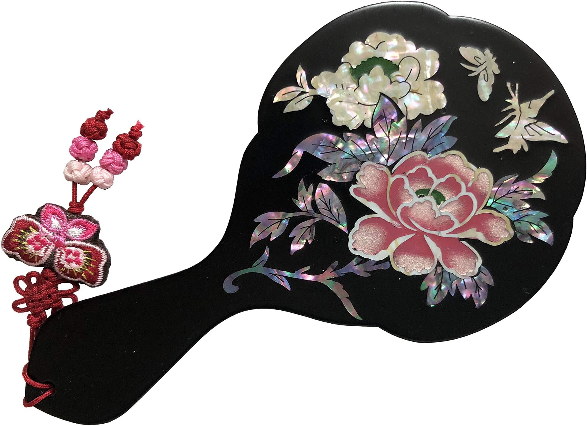 Mother of Pearl Hand held Mirror with Vanity Handle Lady Mirror Cosmetic Makeup Peony Korean Traditional Wooden Lacquered Kpop BTS for Army Girls (Mirror Size : 2.5") Black