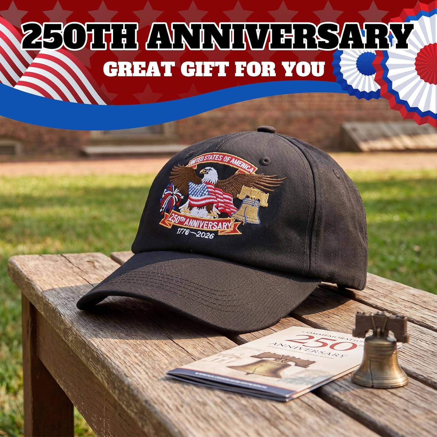 Janmercy 12 Pcs 250th Anniversary Hats Bulk Patriotic United States 4th of July Cap for Men Women- Embroidered Bald Eagle Liberty Bell, Black Adjustable Hats for Independence Day Veterans Day Events