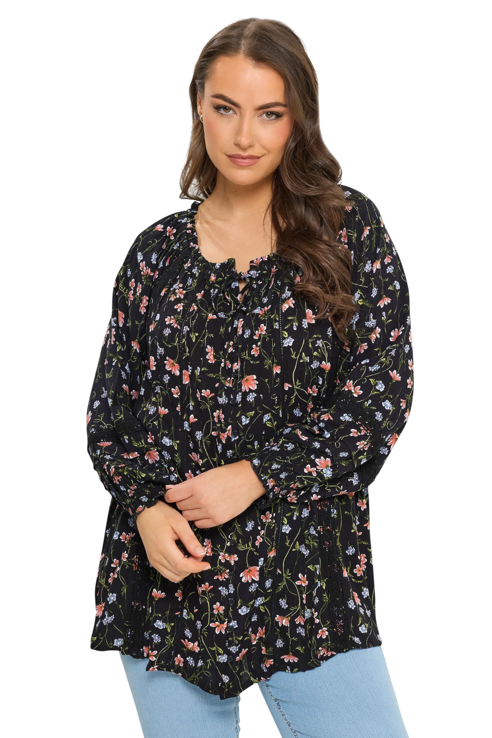 Yours Women's Black Floral Print Pintuck Top In | Size: 16