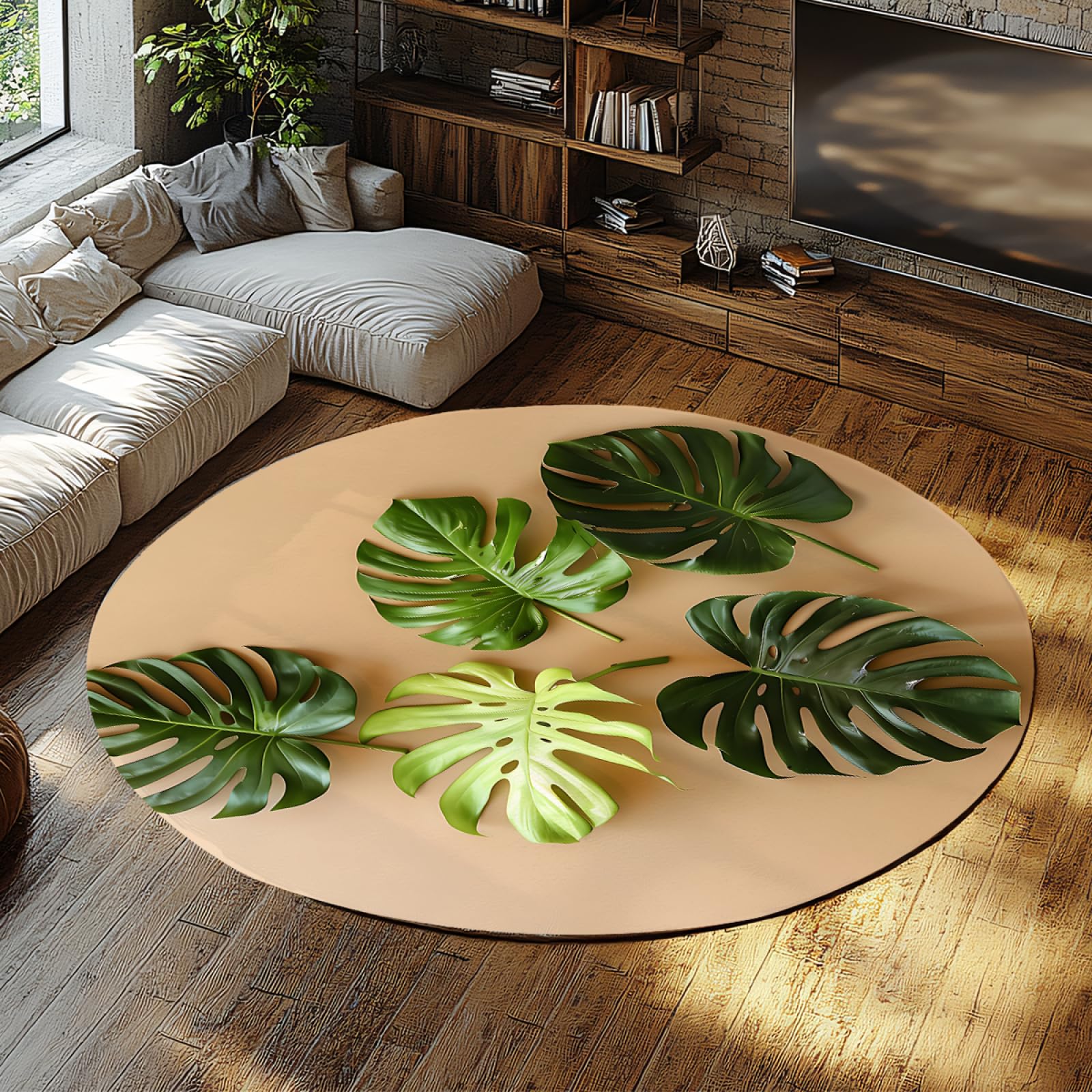 Tapis de salon tropical vert feuillage monstera rond doux 200cm