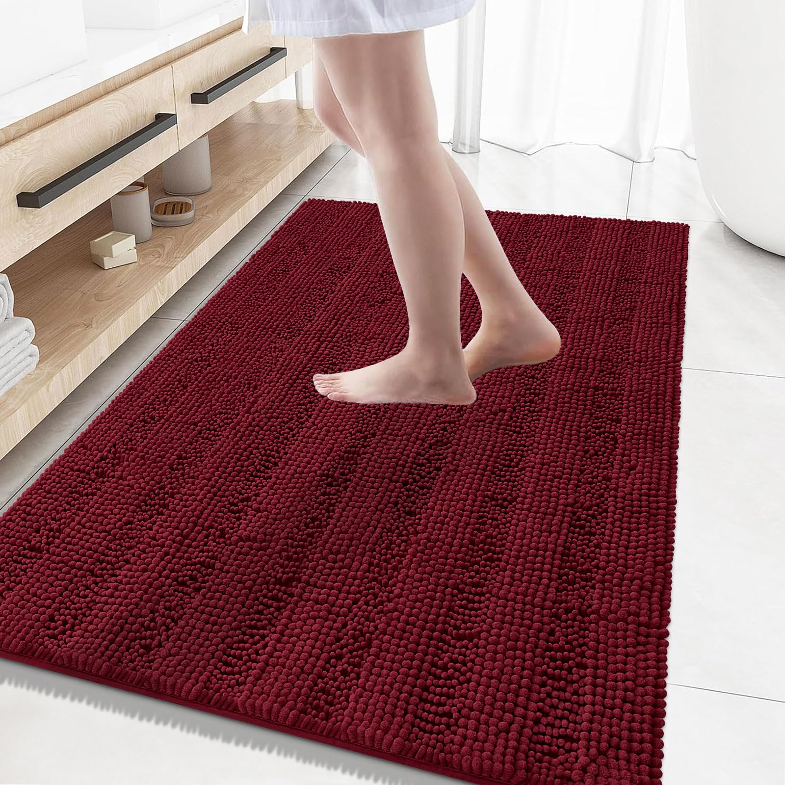 Grandaily Chenille Bathroom Rugs 59x35, Soft Absorbent Bath Mats, Burgundy