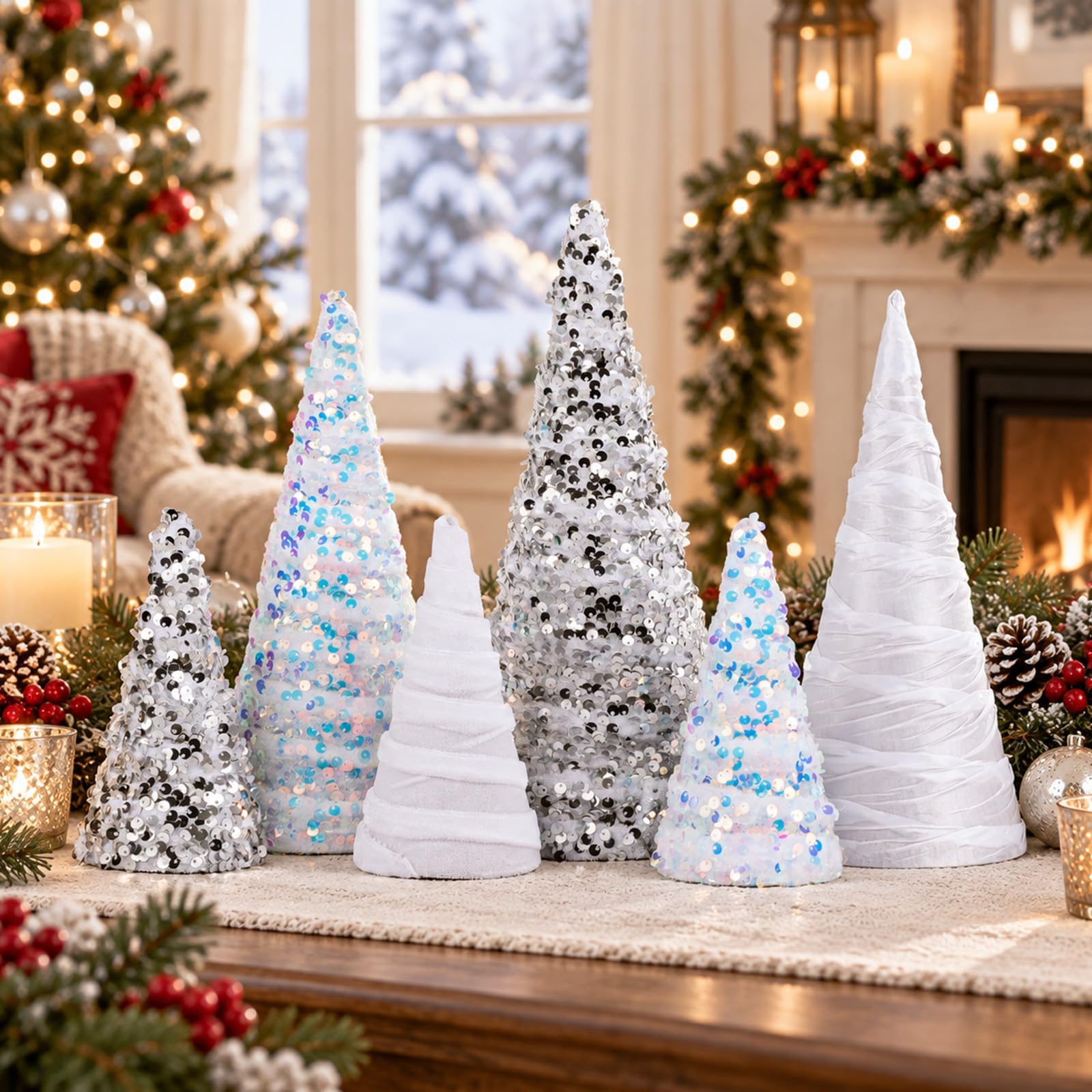 6 Pcs 12" 10" 6" Cone Christmas Tree Decorations Christmas Snow White Glitter Table Decor Farmhouse Trees Tiered Tray Ornament Xmas Tree for Home Holiday Entryway Tabletop Tree Centerpiece Decor