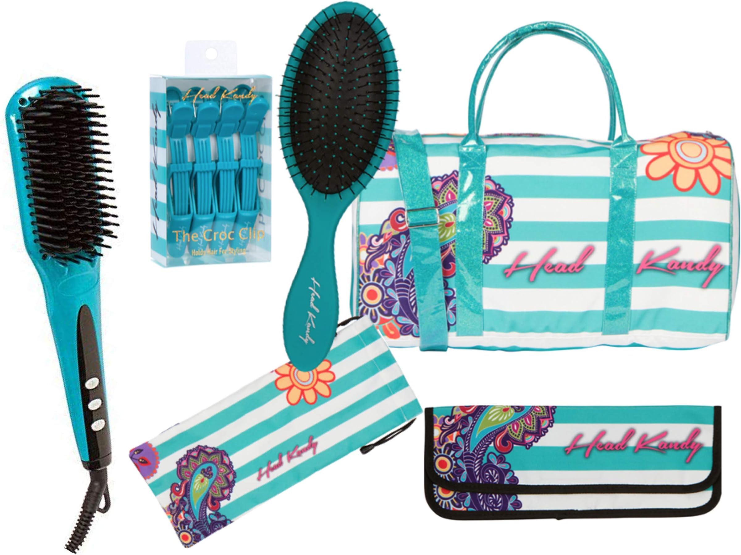 Head Kandy, Give Me It All, Teal 6 pc Professional Set includes Straightening Brush 2.0, Wet/Dry Detangle Brush, Heat Pad/Travel Case, Catch All Bag, Croc Clips, Weekend Duffle Bag