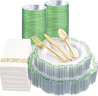 Vista 9 de PULOTE Juego de 175 piezas de platos de plástico transparentes y azules - Juego de vajilla desechable con borde azul - Incluye 25 platos de cena, 25