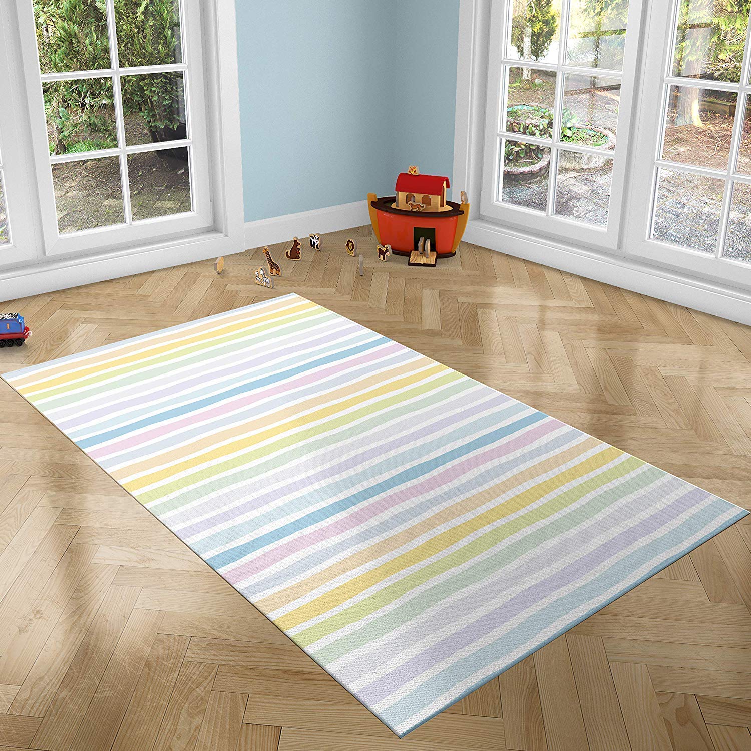 Tappeto per bambini a righe colorate per camere in PVC, varie misure, tappeto in PVC, pavimento vinilico, decorazione per la casa, pavimento Sintasol, pavimento di protezione per bambini 95x133cm