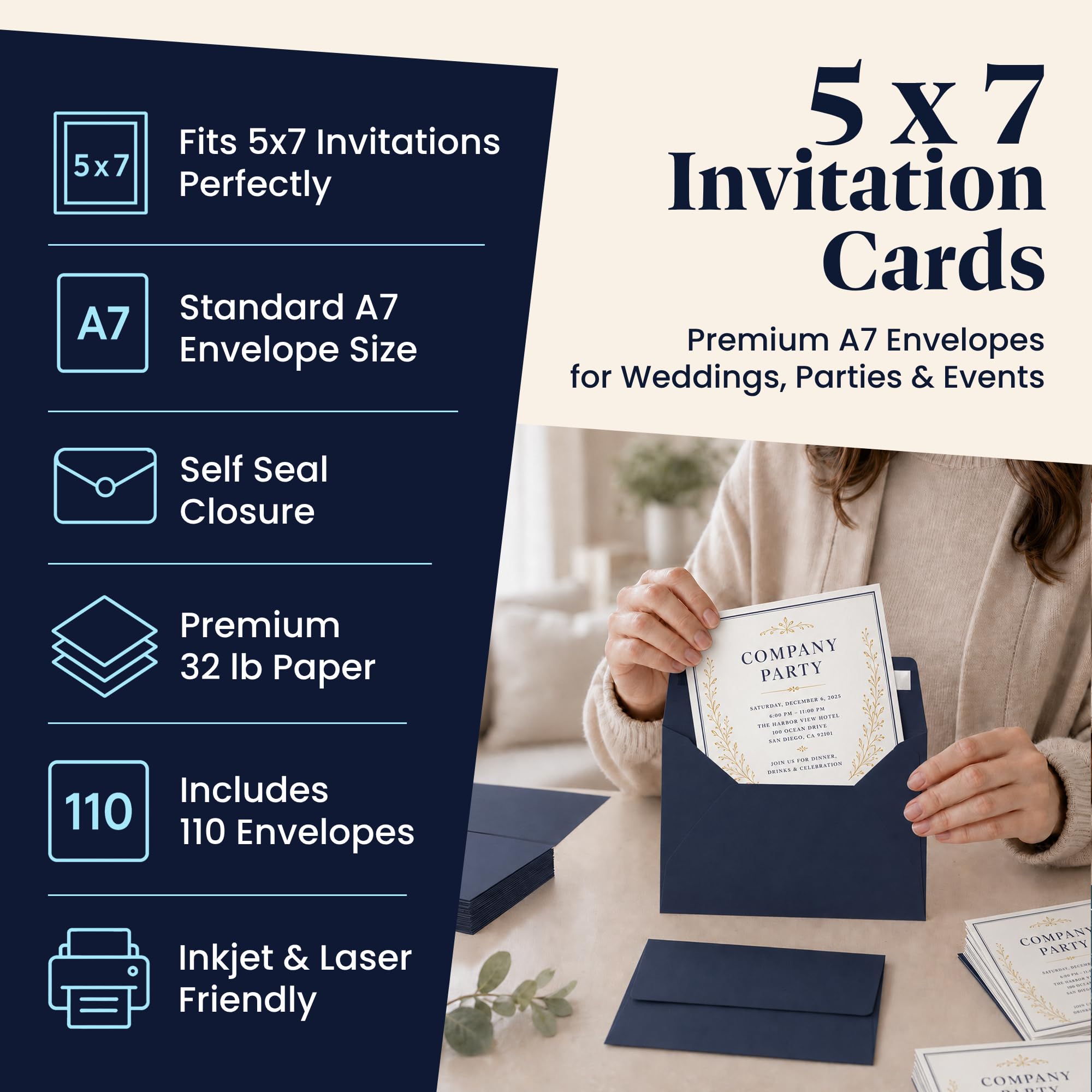 110 sobres de invitación de 5 x 7 cm, color azul marino, para tarjetas de 5 x 7 cm, A7, perfecto para bodas, graduación, baby shower, 120 g/m², pelar, prensa y autosellado, solapa cuadrada