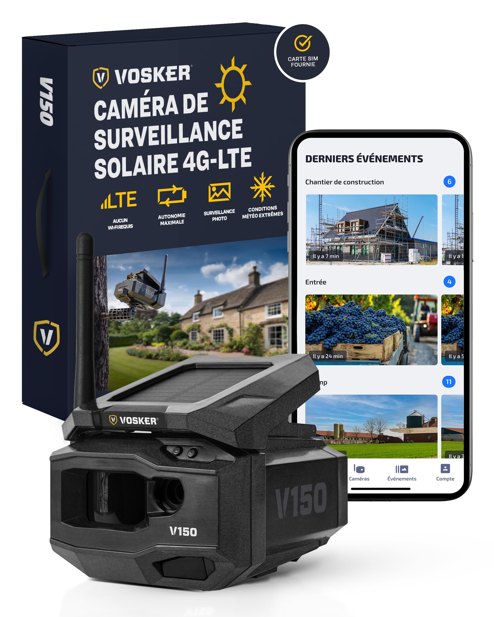 Vosker V150 Caméra Surveillance Solaire 4G-LTE, IP65