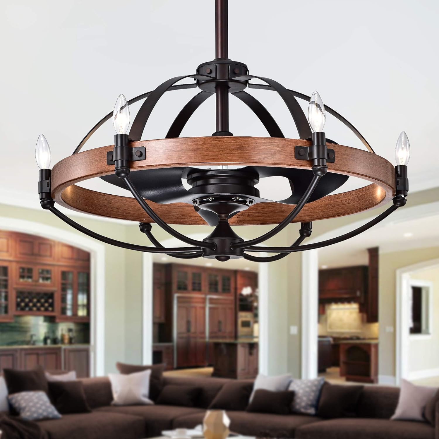 Warehouse of Tiffany CFL-8375REMO Gredis Black 30-inch 6 Fandelier with Faux-Wood Hoop (Includes Remote and Light Kit) Ceiling Fan, One Size
