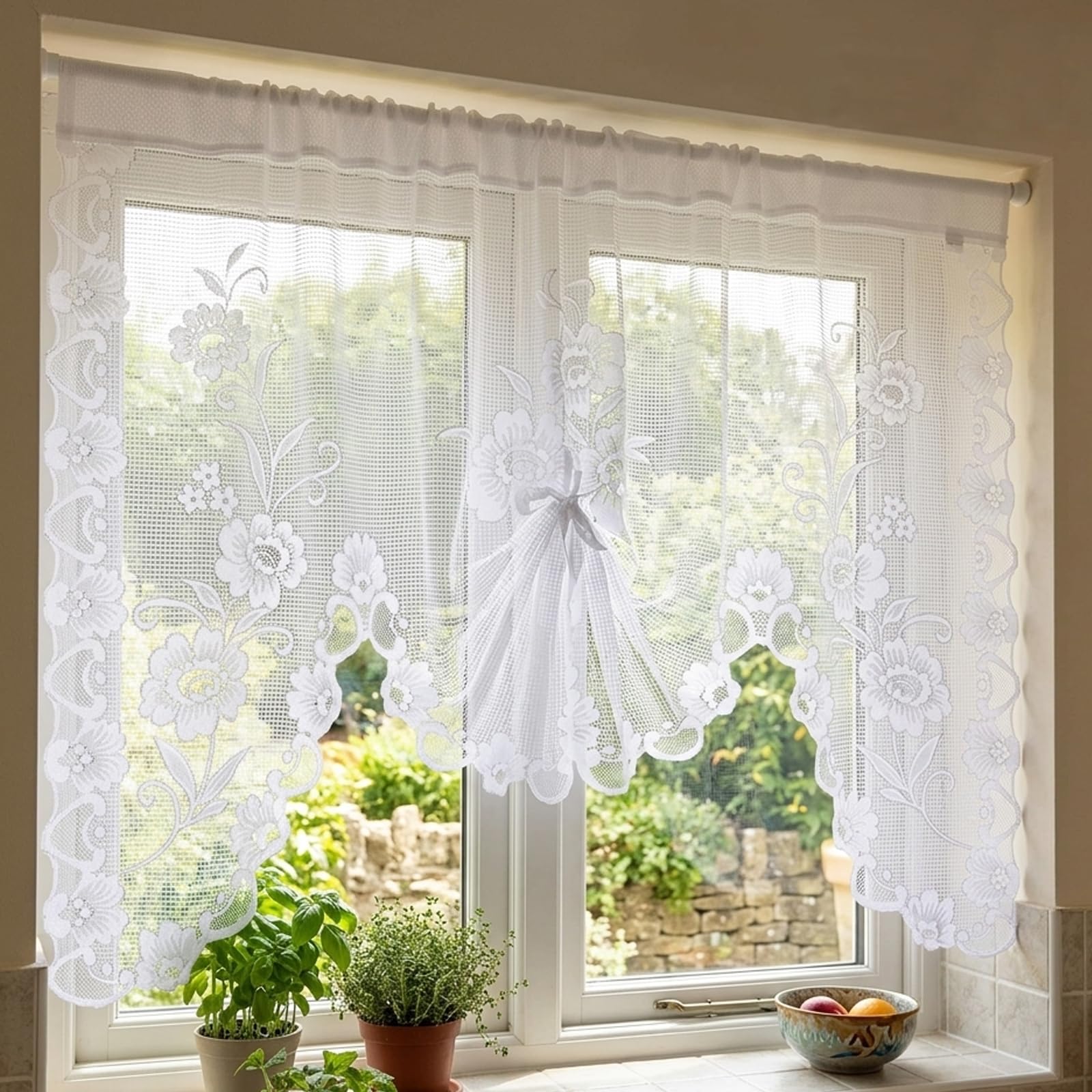 Lace Curtains for Kitchen Windows, White Lace Valances for Windows, Net Curtains for Windows with Natural Light Diffusion, White Lace Window Treatment for Closet Kitchen Bedroom Living Room Cafe