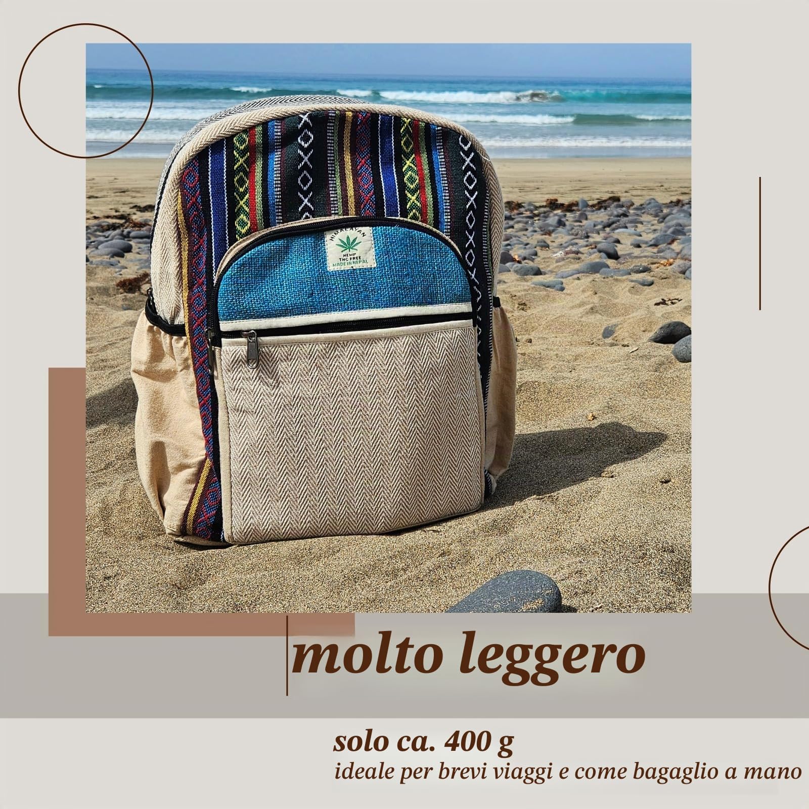Zaino Himalayan Hemp – fatto a mano – Zaino unisex in canapa – stile etnico – scomparto per computer portatile – ideale per università, viaggi e uso quotidiano – prodotto in Nepal