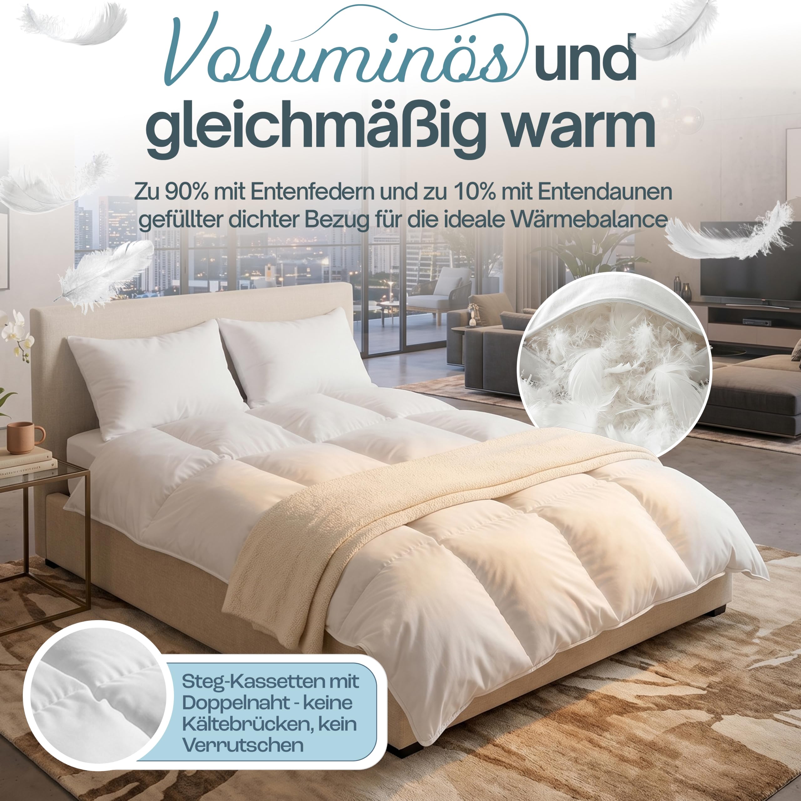 Daunendecke 135x200 Ganzjahresdecke Bettdecke Duvet | Mit 100% Daunen & Federn, 100% Baumwollbezug, Oeko-Tex geprüft, atmungsaktiv & allergikerfreundlich, DE-zert.