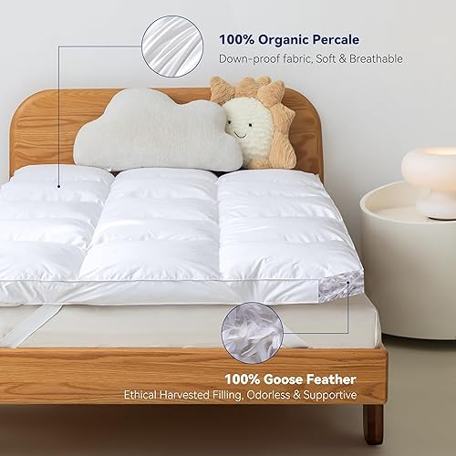Miniatura 4 de Cubrecolchón de plumas de ganso blanco de 3 pulgadas, funda de colchón de cama individual con tirantes, soporte ultrasuave, tela 100% algodón (39 x
