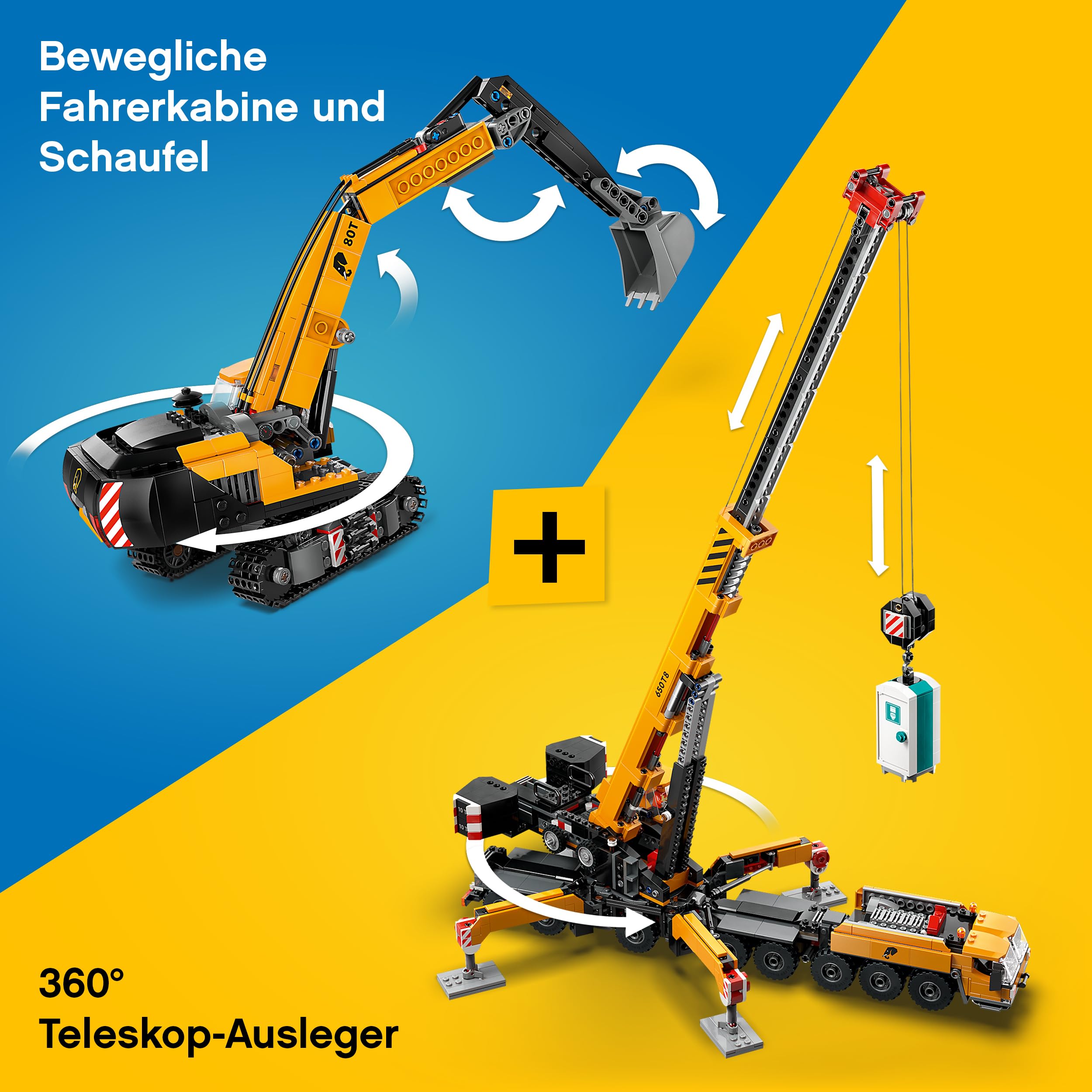 LEGO City Kran & Bagger, Baustellen Bundle mit Mobiler Baukran (60409) und Raupenbagger (60420), LEGO Fahrzeuge Kombi-Set ab 9 Jahren - LEGO City Neuheiten 2024