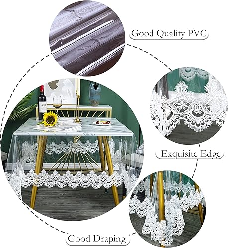 Miniatura 9 de Mantel rectangular de plástico transparente de vinilo PVC impermeable con borde de encaje bordado transparente para cocina, comedor, mesa de café