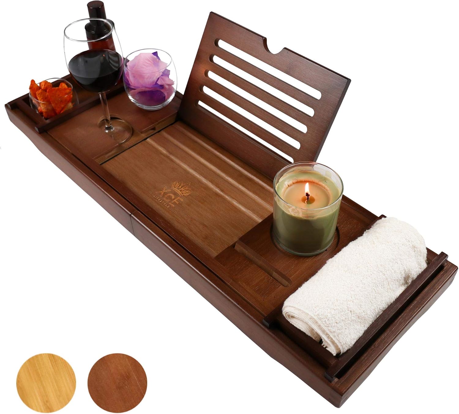 XcE Bath Caddy Tray (Brown) With Solid Bamboo book stand Bamboo Wood