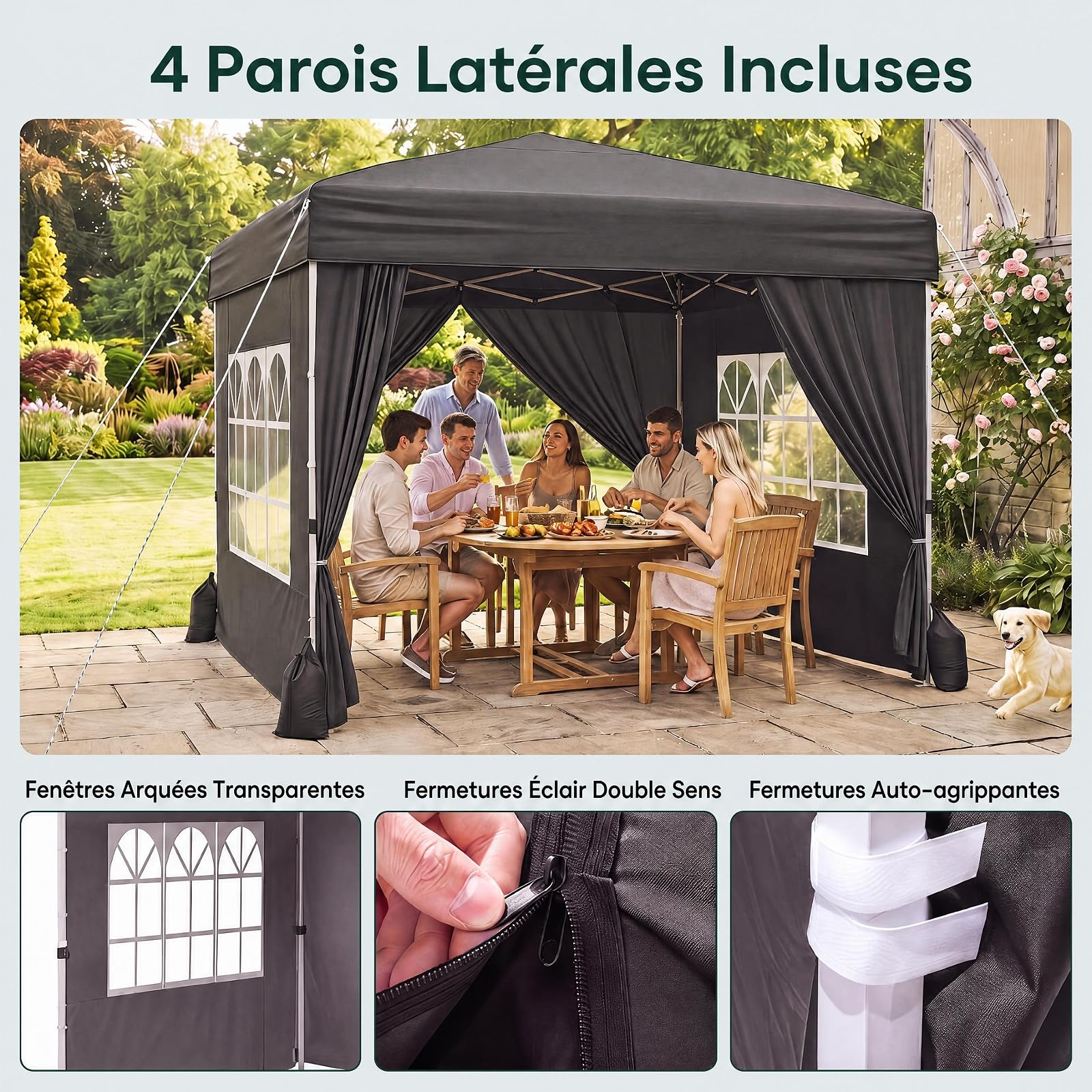 RELAX4LIFE Tonnelle Pliante 3x3 avec Parois, Barnum Pliant 3x3 pour Jardin/Marché/Camping, Cadre en Acier au Carbone, Tissu Oxford Argenté, Gazebo Tente de Réception avec Sac à roulettes (Noir)