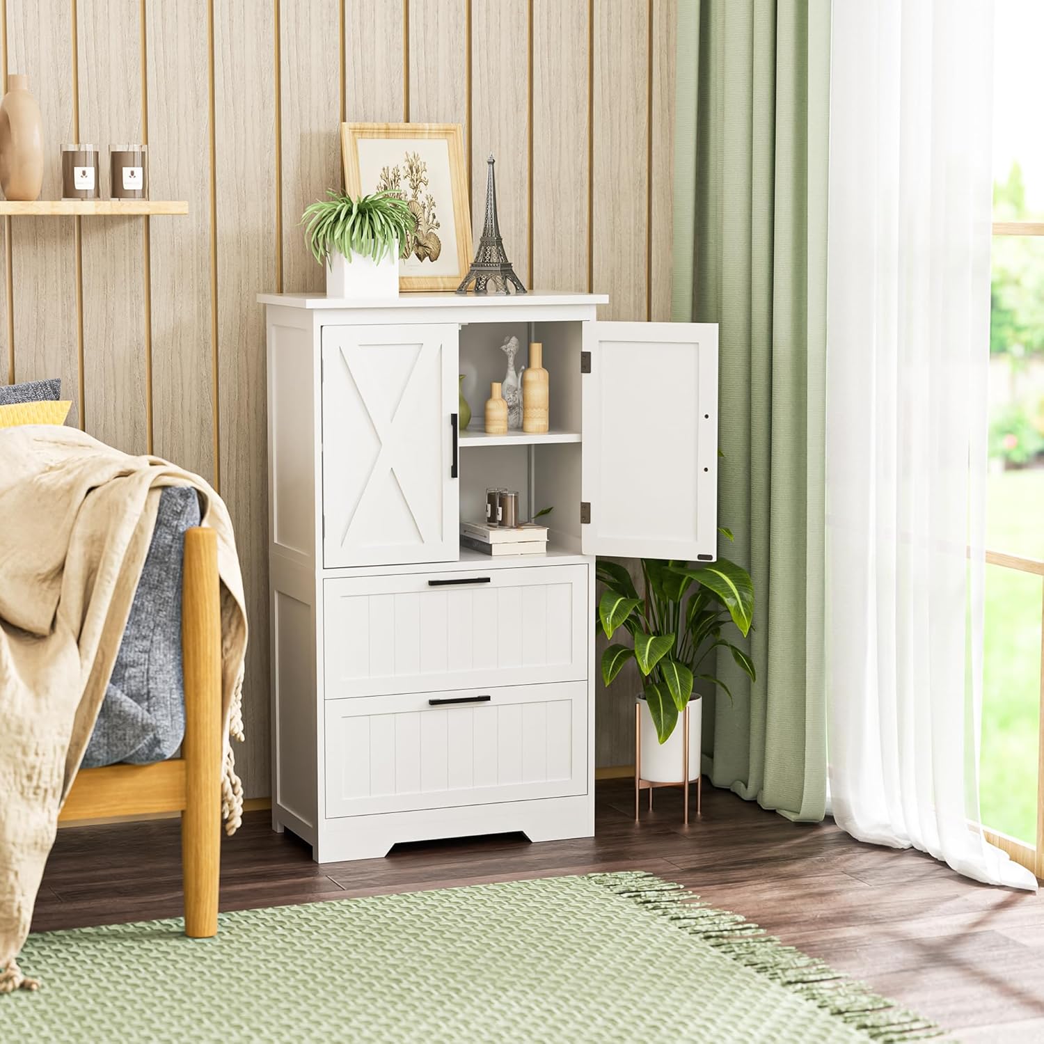 Onelike Small Bathroom Storage Cabinet, Freestanding Bathroom Floor Cabinet with 2 Doors and 2 Drawers, for Living Room, Kitchen, Hallway, Home Office, White