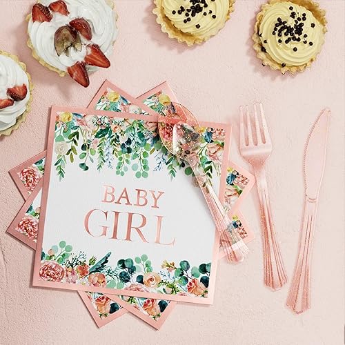 Miniatura 5 de Ecomore Decoraciones de baby shower para niña, juego de vajilla desechable de 175 piezas de suministros florales para fiestas (25 invitados) con