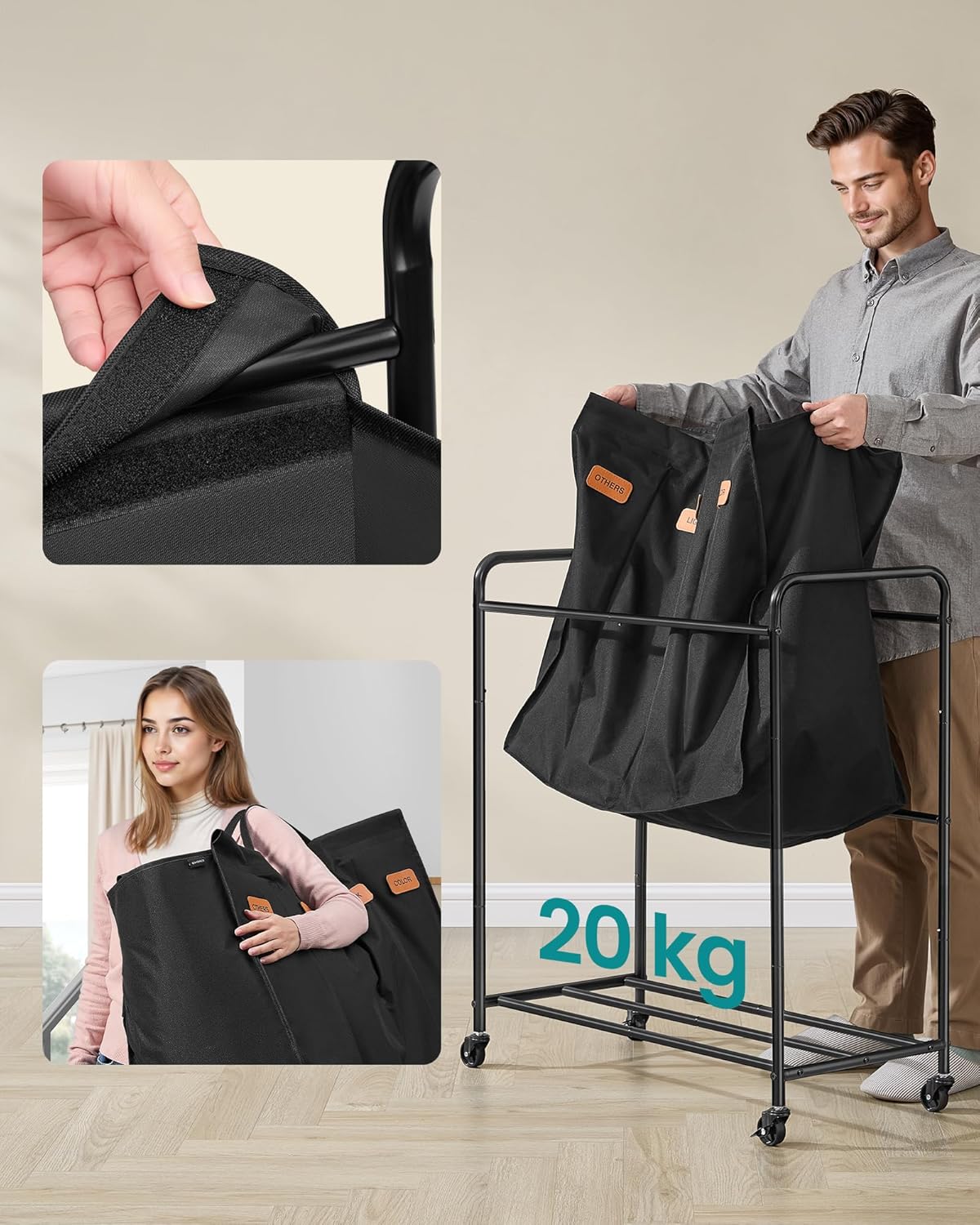 Close-up of a hand attaching a fabric laundry bag with Velcro to the steel frame, and a person carrying a detached bag.