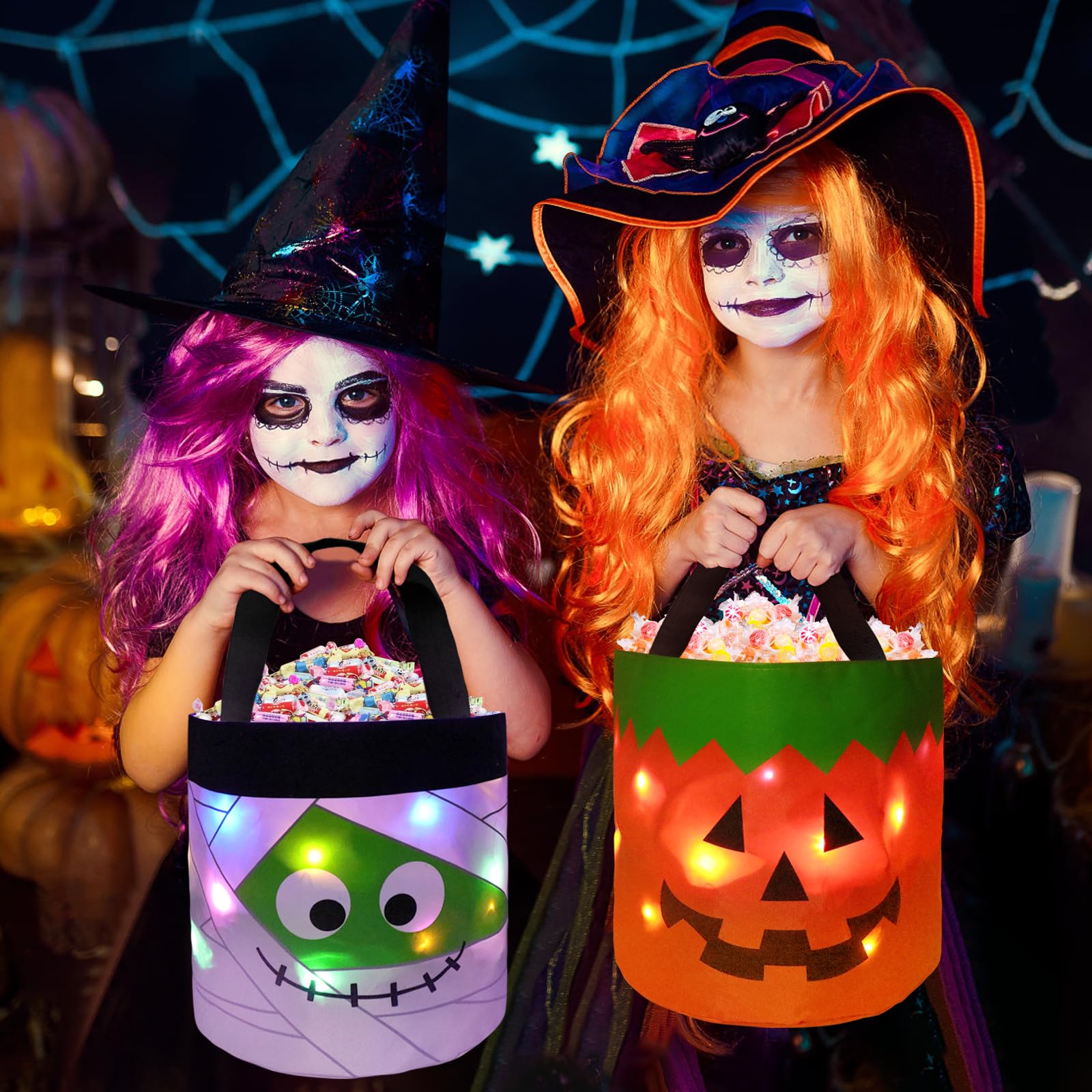 Homgaty LED Halloween-Eimer – 2 Stück, Leuchtende Süßigkeiten-Taschen Mit 3 Licht-Effekten
