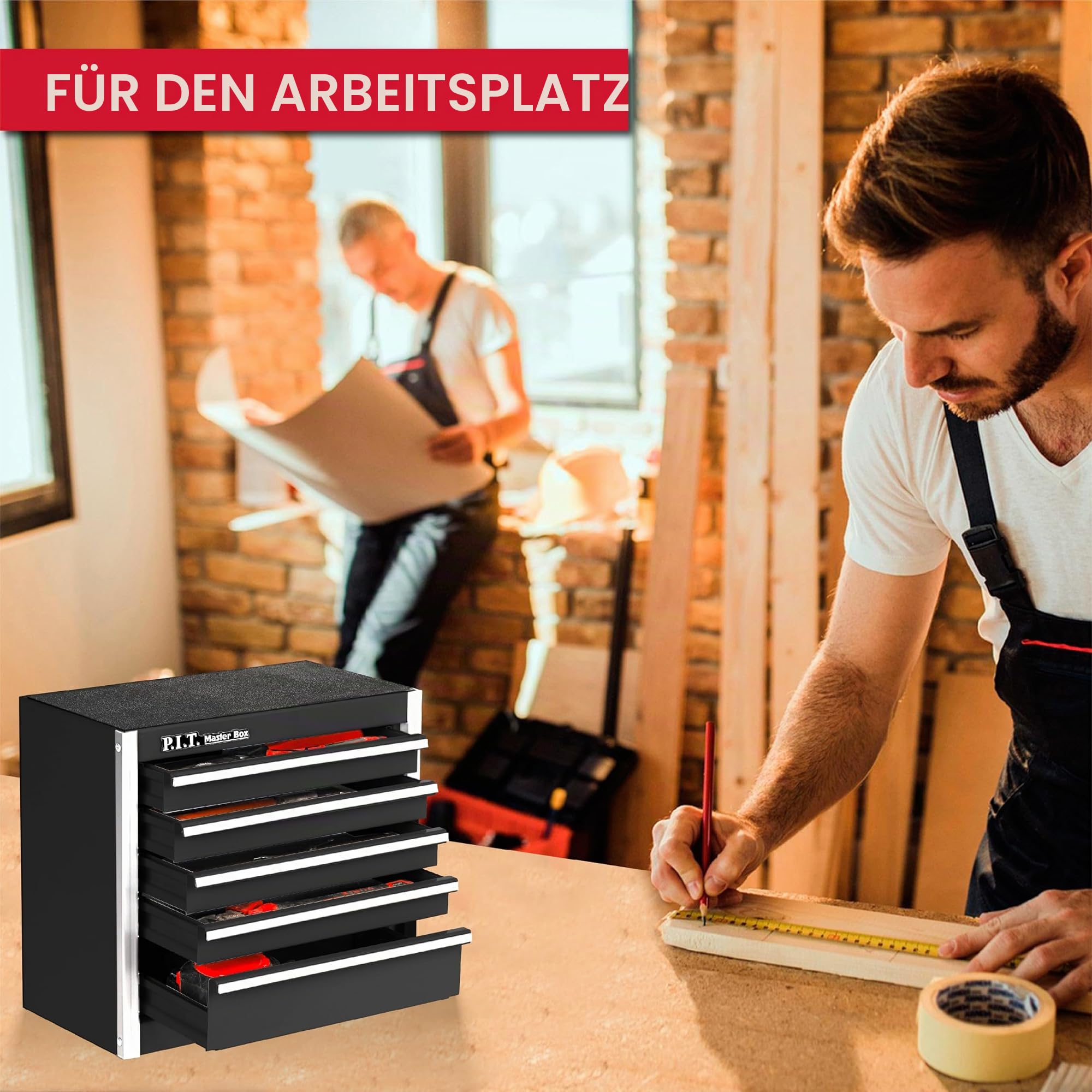 P.I.T. Werkzeugkiste Metall mit 5 Schubladen, Werkzeugkoffer leer,Schwarz