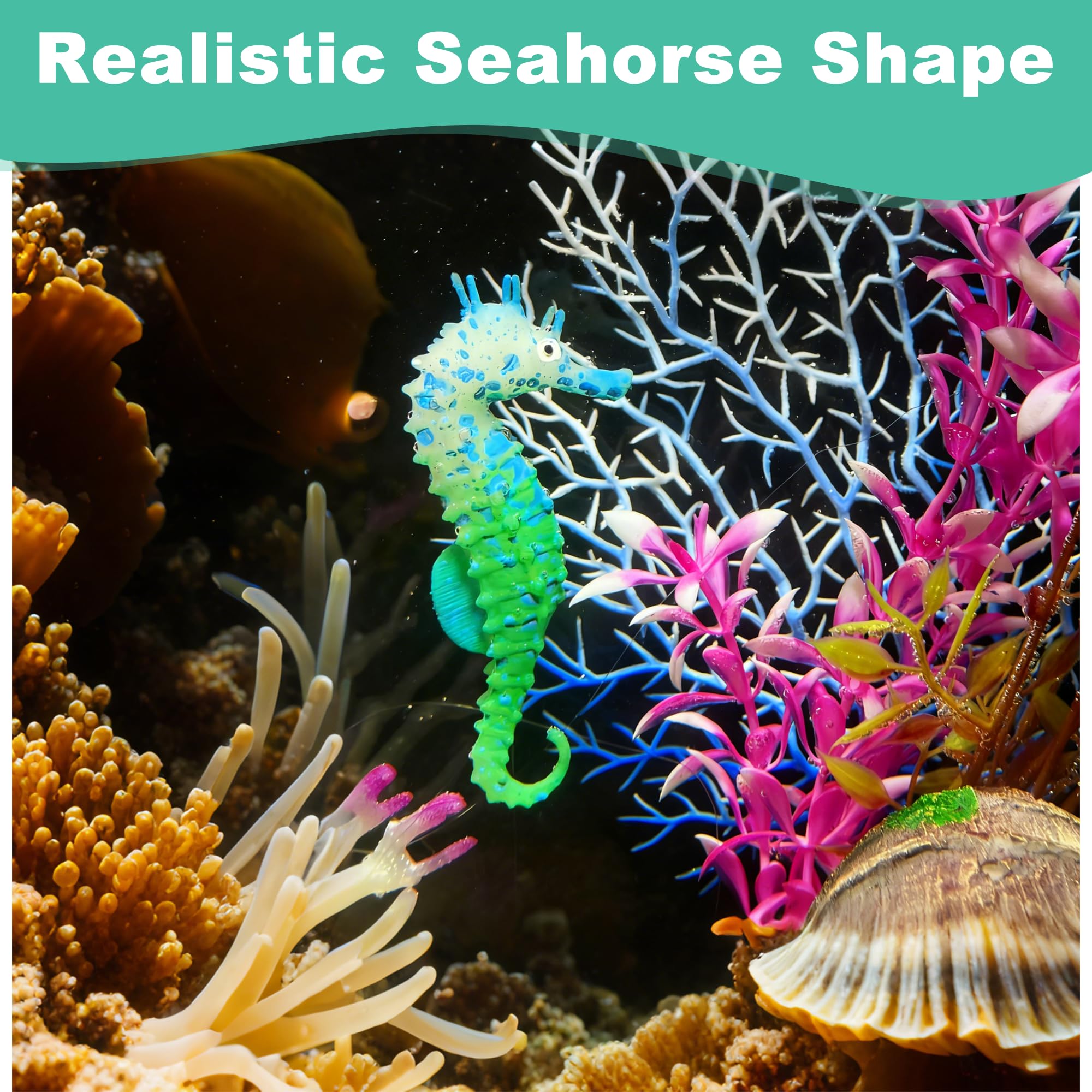 ZAYIO Artificial Silicone Seahorse Aquarium Ornament, Luminous Night Glow Seahorse with Suction Cup - Image 3