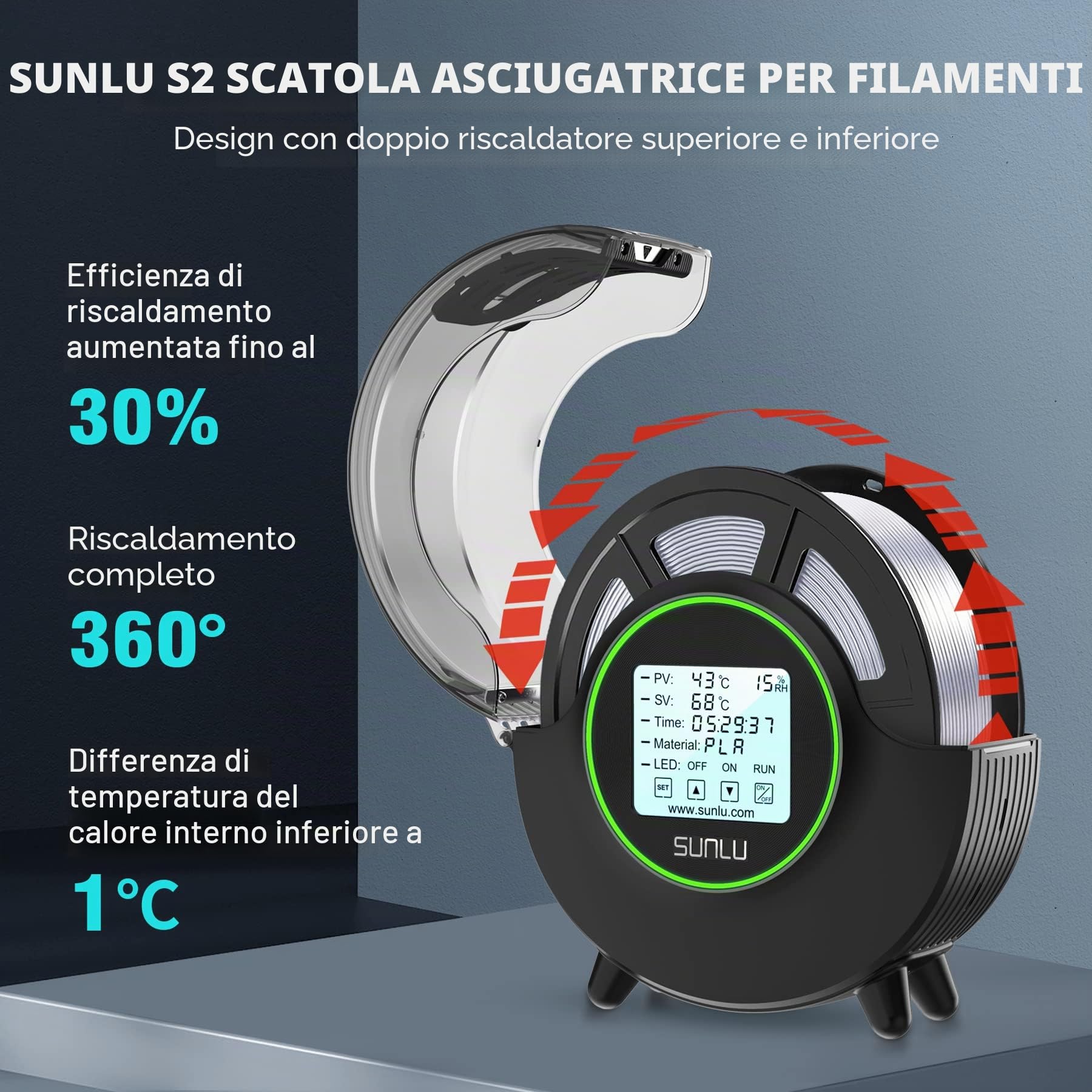 SUNLU Essiccatore Filamento per Stampante 3D S2, Filament Dryer Box Mantiene il Filamento Asciutto Durante la Stampa 3D, Riscaldamento Rapido Uniforme a 360°, Supporto per Bobina, Filadryer S2 Nero