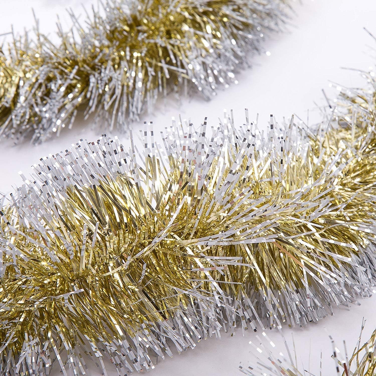 iPEGTOP 19.7ft Christmas Snowy Tinsel Twist Garland, Classic Shiny Sparkly Party Soft Tinsel Christmas Tree Ceiling Hanging Decorations, 4 inch Wide with Silver Edge, Gold