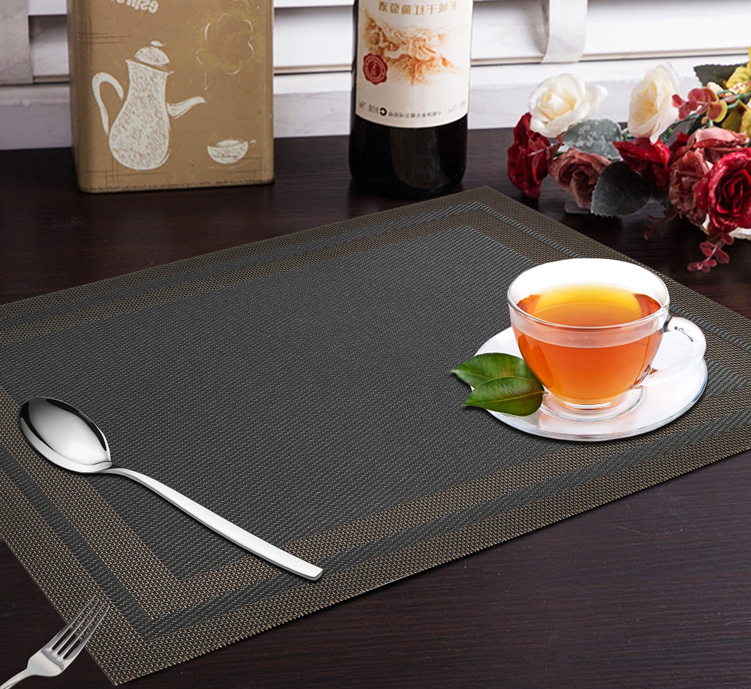 Yellow WeavesPVC Dining Table Placemats | Heat Resistant Dining Table Place Mats for Kitchen Coffee Center Table Side Party - (Set of 4, Copper Black)