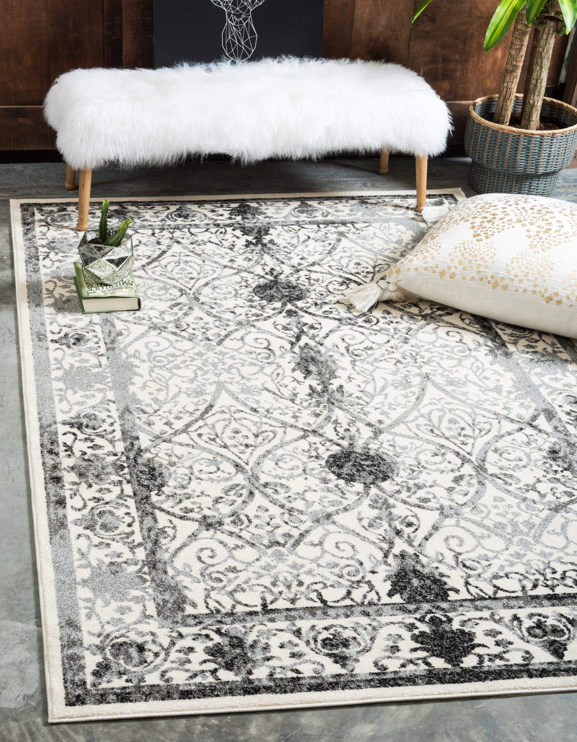 Unique Loom La Jolla Collection Vintage, Contemporary, Border, Ornate, Traditional Area Rug (10' 0 x 13' 0 Rectangular, Gray/Ivory)