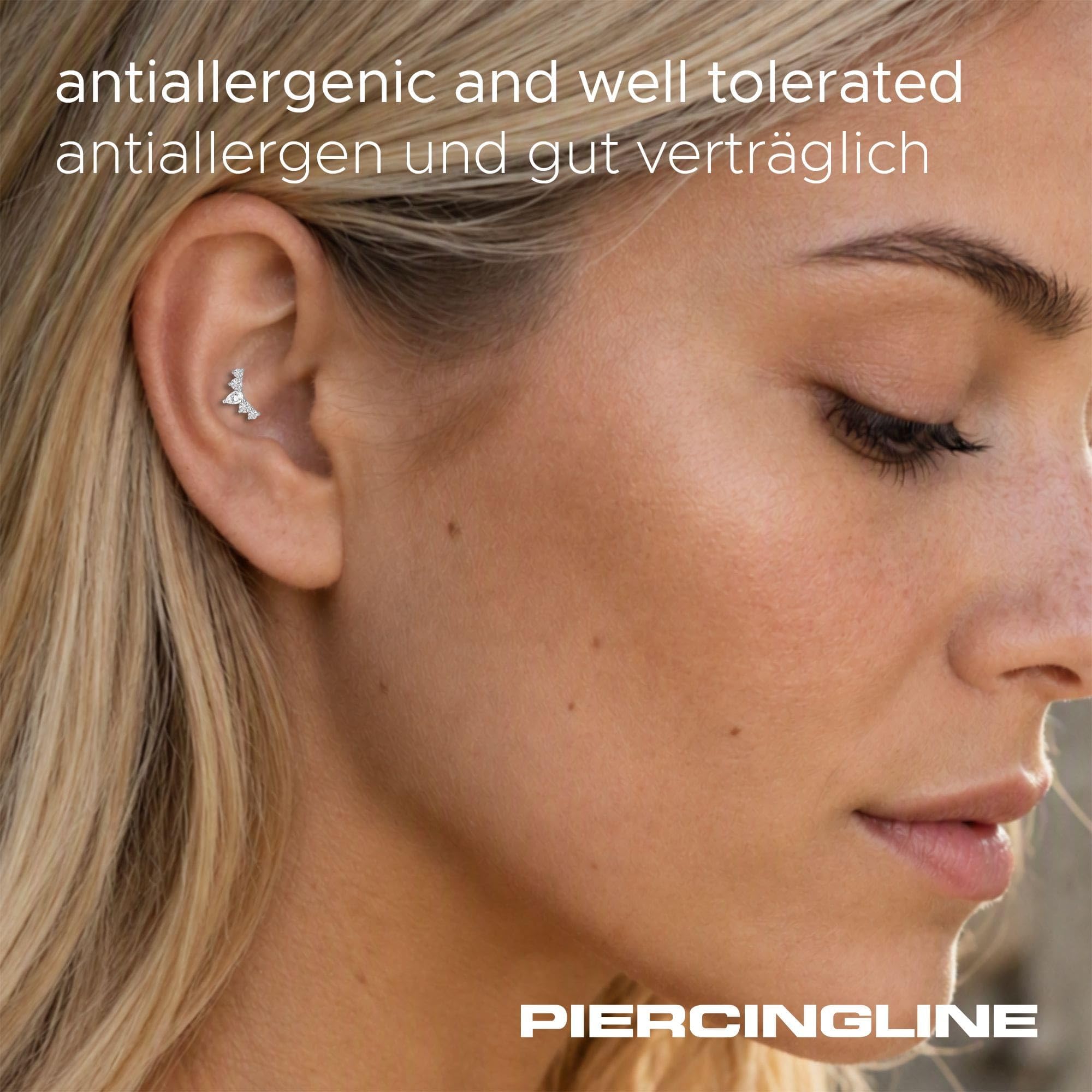 PIERCINGLINE Piercing Stecker Titan Labret mit Innengewinde + 925er Silber Aufsatz MOISSANIT-BOGEN - Goldfarben, Silberfarben