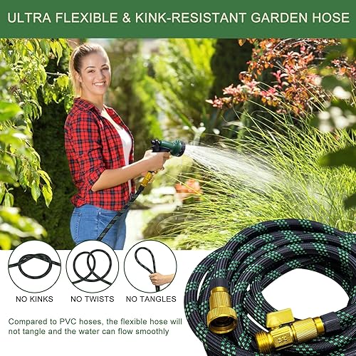 Miniatura 6 de Manguera de jardín no expandible de 50 pies, manguera de agua ligera y flexible con boquilla rociadora de 10 patrones, a prueba de fugas, sin