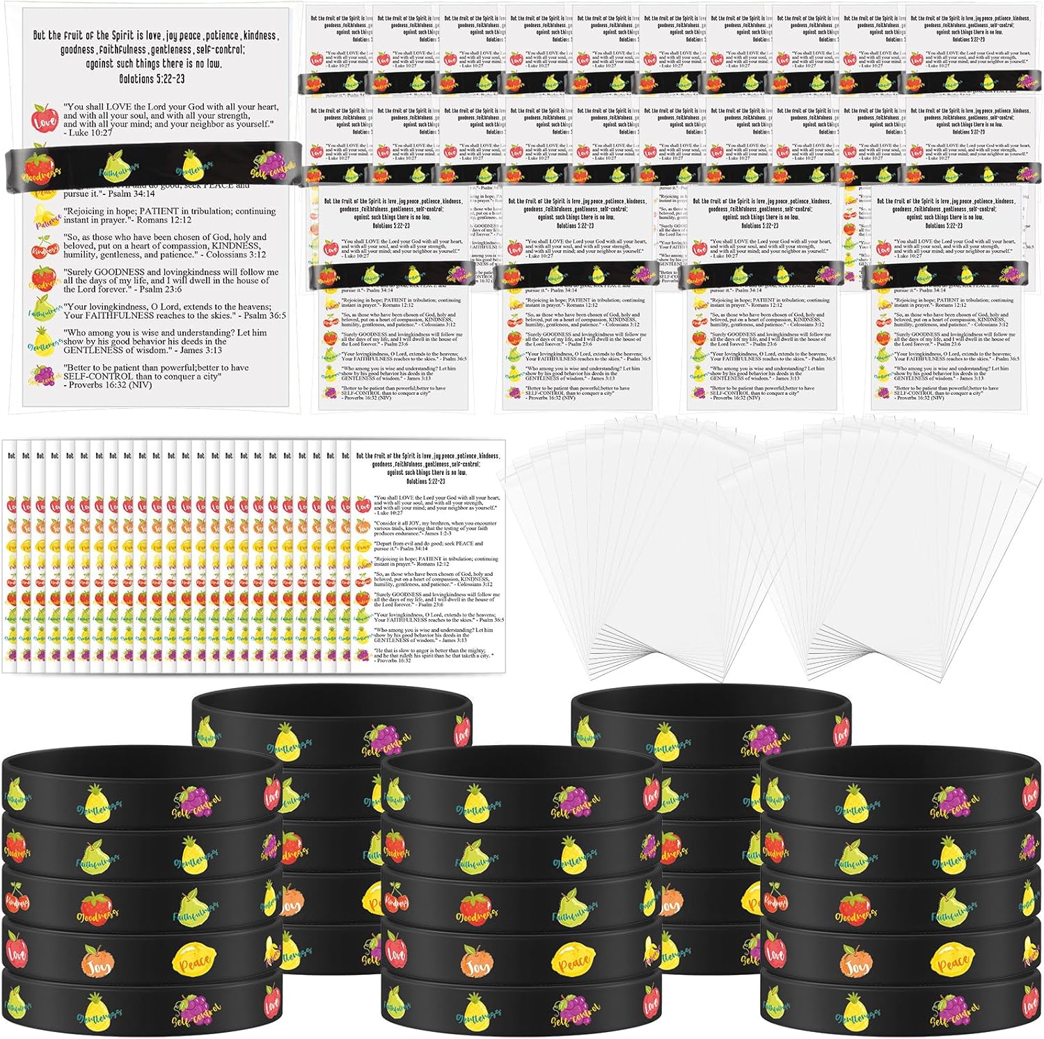 Landical 100 Sets Christian Bracelets Gifts Bulk Fruit of The Spirit Bracelets Fruit Cards Bible verse Bookmarks Inspirational Religious Silicone Wristbands for Church Coworker Friends Women Adults