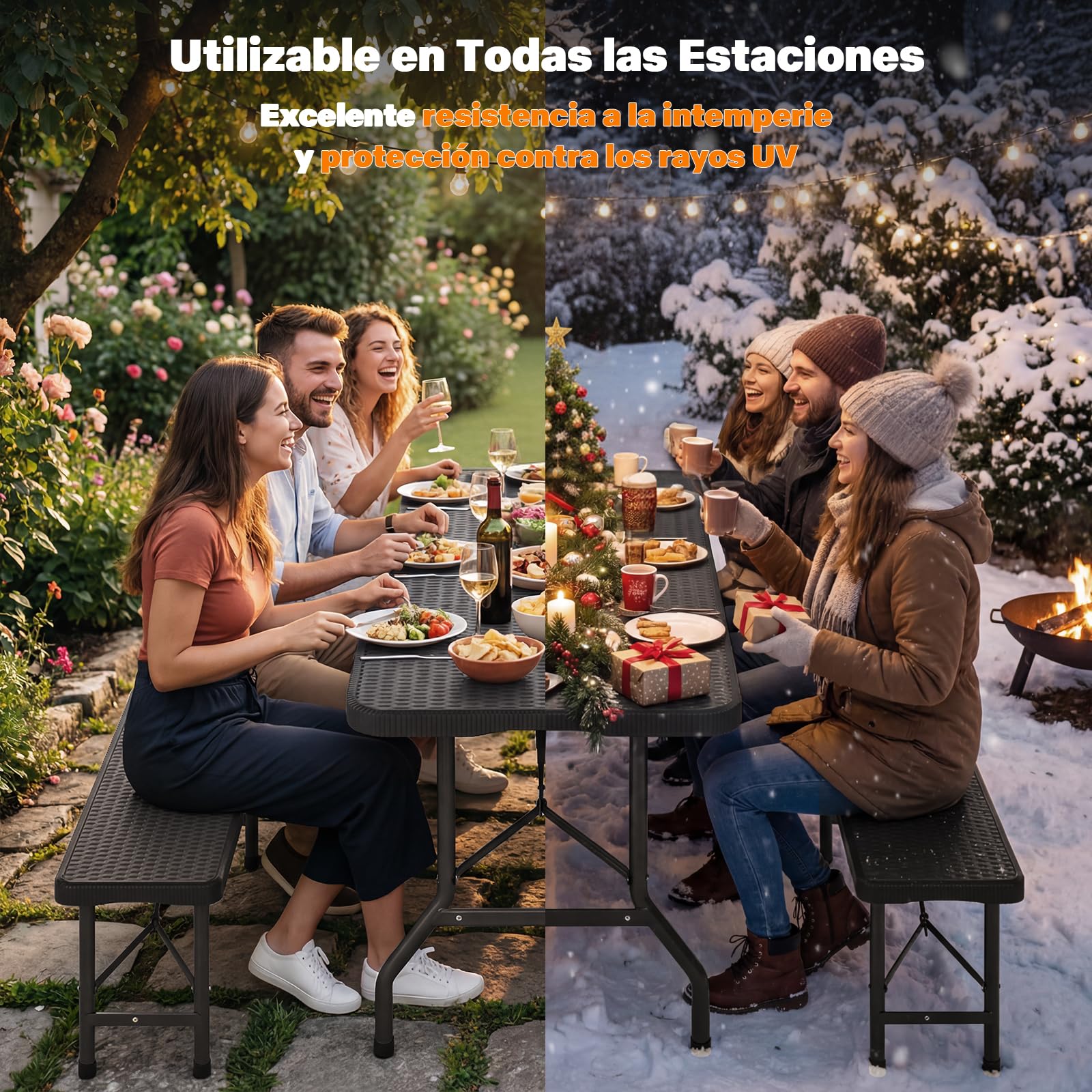 Devoko Juego de mesa y sillas plegables para camping, textura de tejido de ratán, construcción resistente, portátil y fácil de limpiar, se pliega para un almacenamiento compacto, ideal para playa