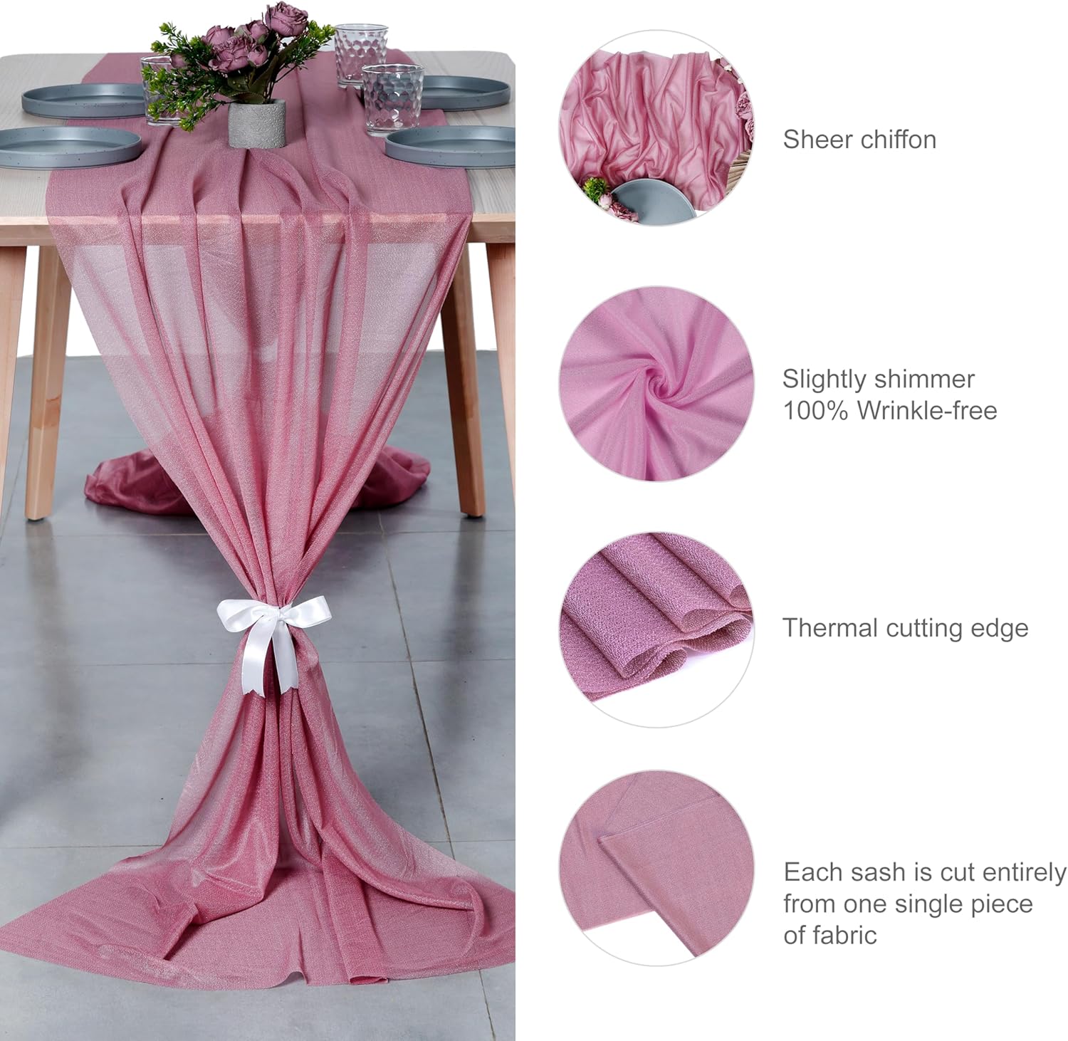 MDS 10 Pack 10ft Chiffon Table Runner 29 x120 Inches Sheer Wedding Runner Romantic Rustic Table Runner for Wedding Decorations, Birthday Parties, Bridal Shower Party Arch Decor - mauva