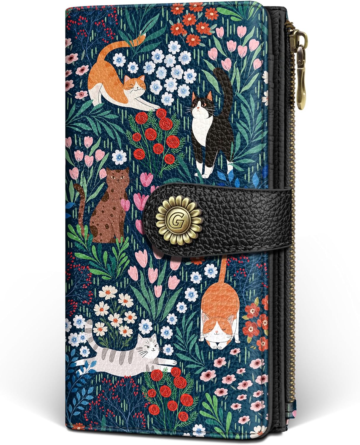 GIANCOMICS Cute Cat Womens Wallet RFID Blocking, Credit Flower Card Holder Organizer Billfold, PU Leather Travel Billfold, Long Cash Purse, Zipper Coin Pocket Clutch, 11 Card Slots, Ladies Gift Woman