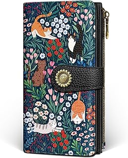 GIANCOMICS Cute Cat Womens Wallet RFID Blocking, Credit Flower Card Holder Organizer Billfold, PU Leather Travel Billfold, Long Cash Purse, Zipper Coin Pocket Clutch, 11 Card Slots, Ladies Gift Woman
