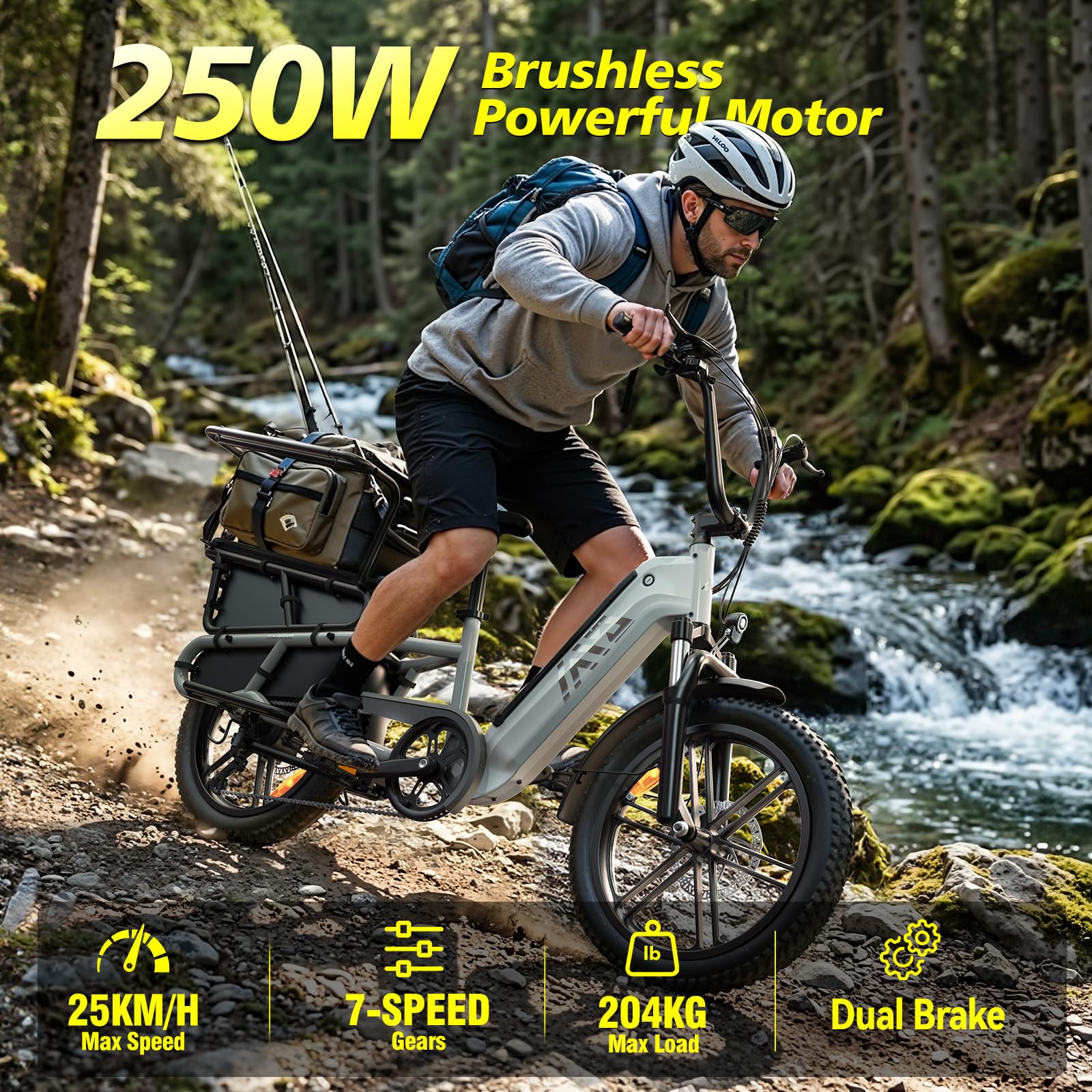 TST Bicicleta Eléctrica para Adultos con Asiento Trasero y Control por App, Bicicleta Cargo 20" Llantas Fat Batería 48V 15Ah 250W Autonomía 60KM Carga 204kg, Portaequipajes, Suspensión, Cuadro Bajo
