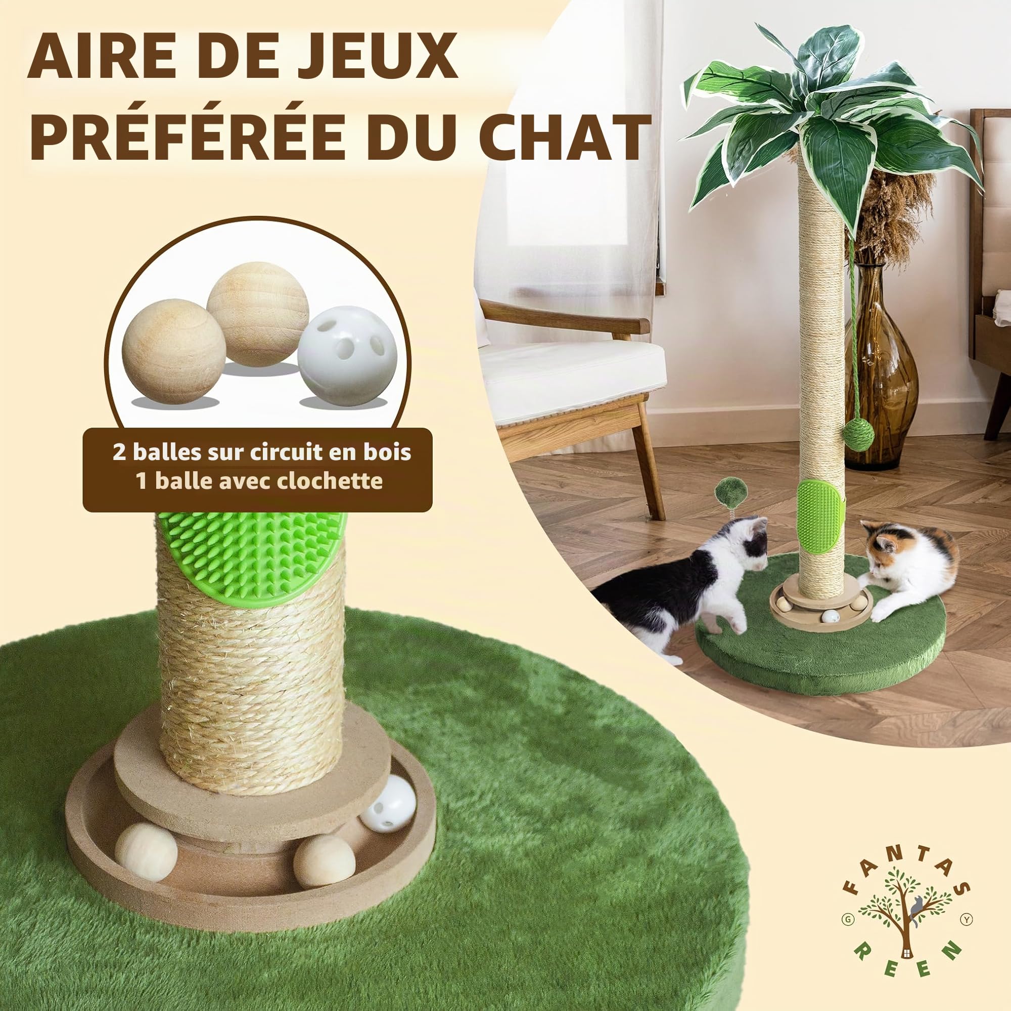 Fantasreen Griffoir pour Chat Griffoir à 84cm pour Chats d'intérieur avec Jouet pour Chat et Balle Interactive Auto-Groomer pour Chatons et Chats Adultes